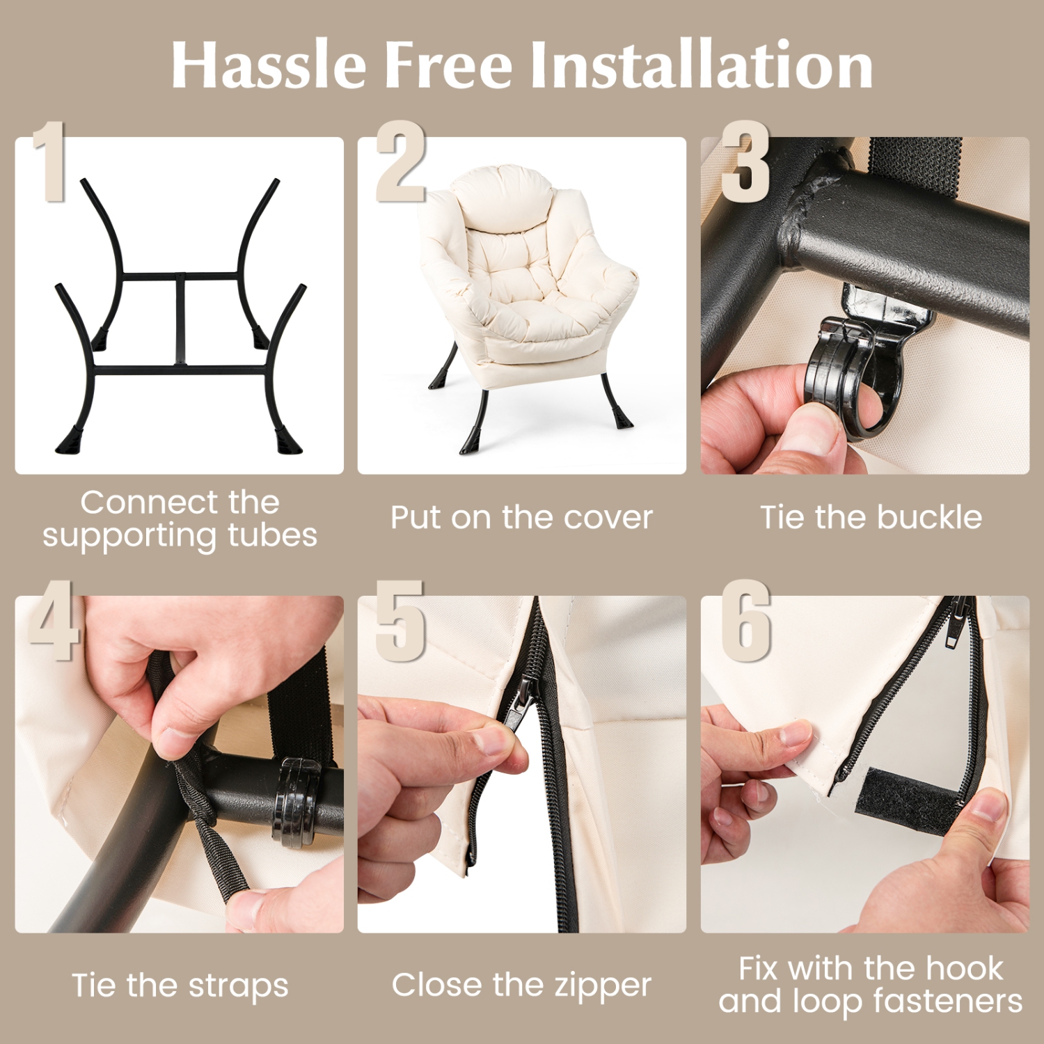 Topbuy – Chaise de lecture Lazy avec pouf moderne Leisure, accoudoirs, pochette latérale et repose-pieds, beige/gris/bleu