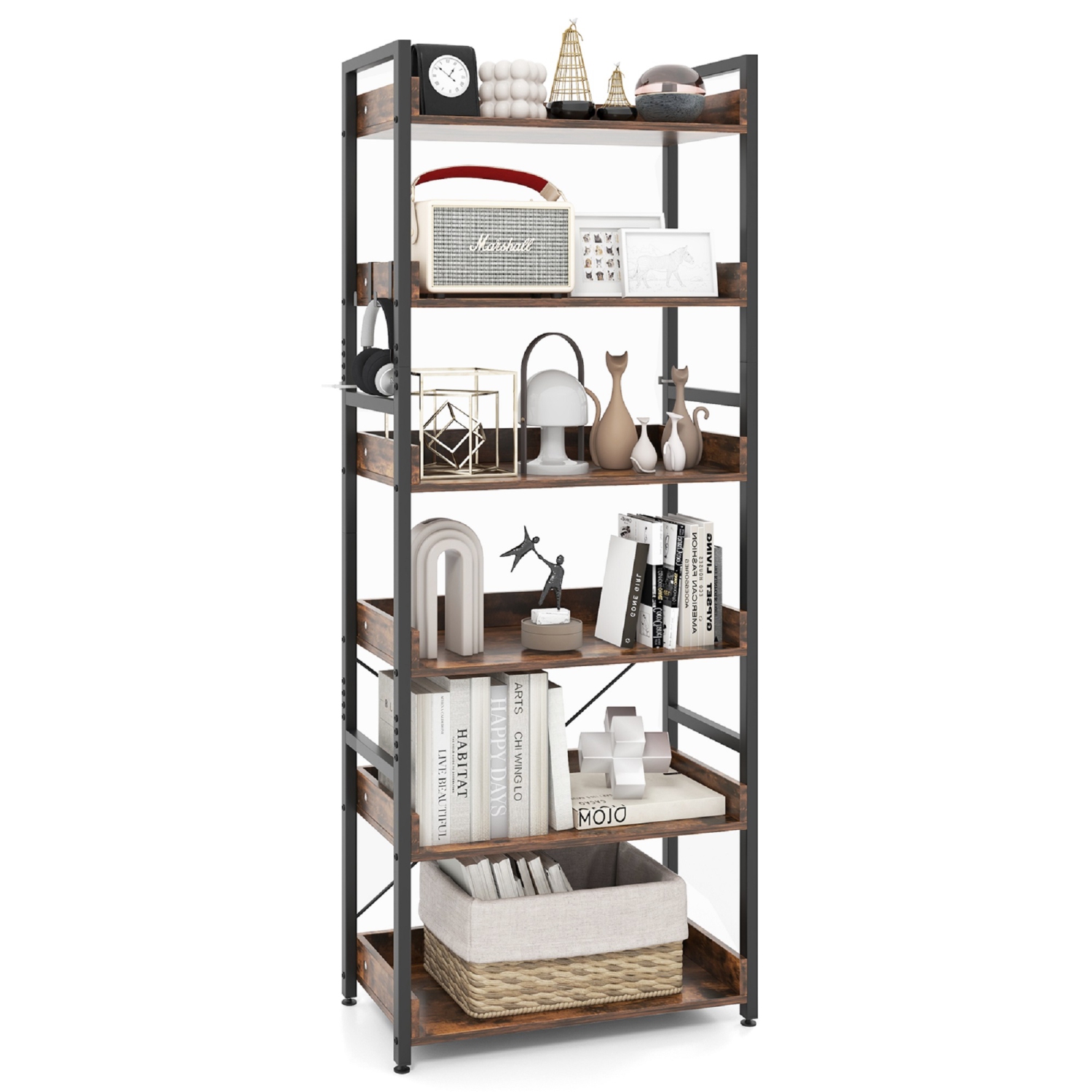 Topbuy 6-Tier Bookshelf with 4 Hooks Industrial Storage Bookcase Tall Freestanding Display Shelf with Anti-tipping Device