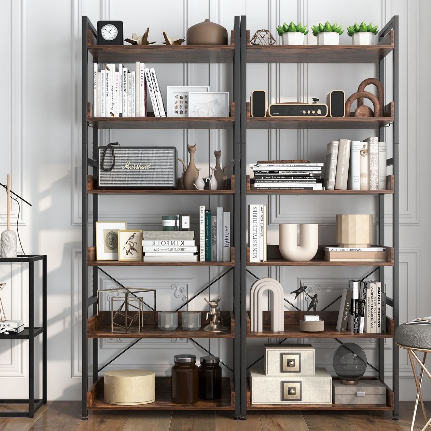Topbuy 6-Tier Bookshelf with 4 Hooks Industrial Storage Bookcase Tall Freestanding Display Shelf with Anti-tipping Device