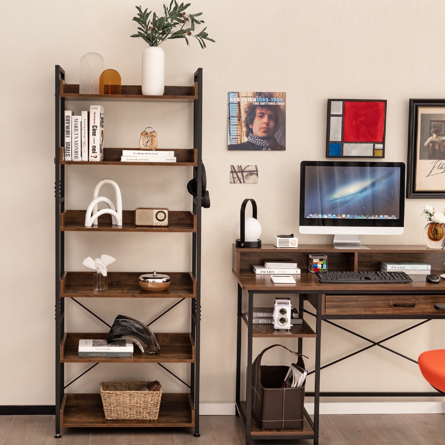 Topbuy 6-Tier Bookshelf with 4 Hooks Industrial Storage Bookcase Tall Freestanding Display Shelf with Anti-tipping Device