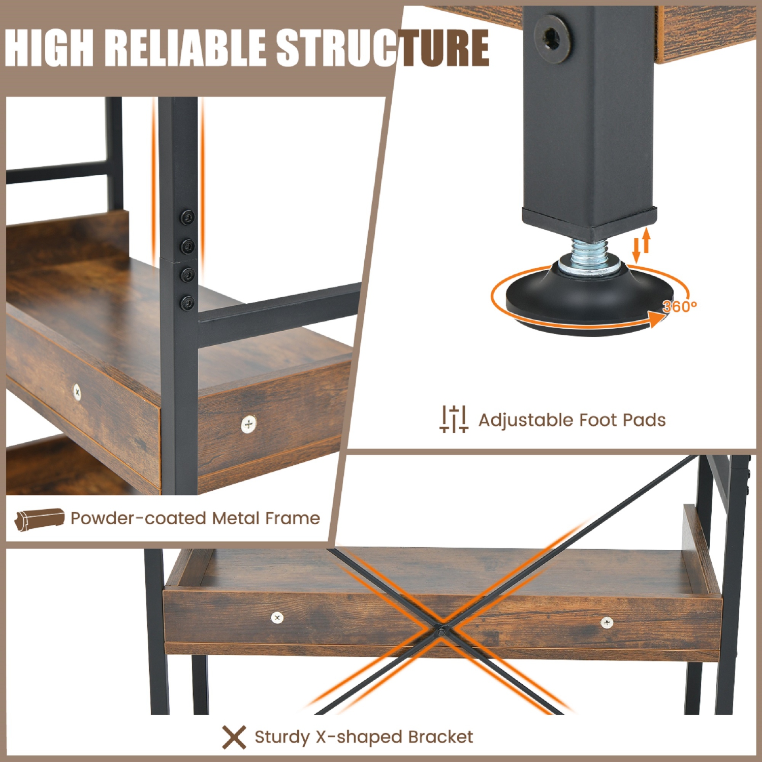 Topbuy 6-Tier Bookshelf with 4 Hooks Industrial Storage Bookcase Tall Freestanding Display Shelf with Anti-tipping Device