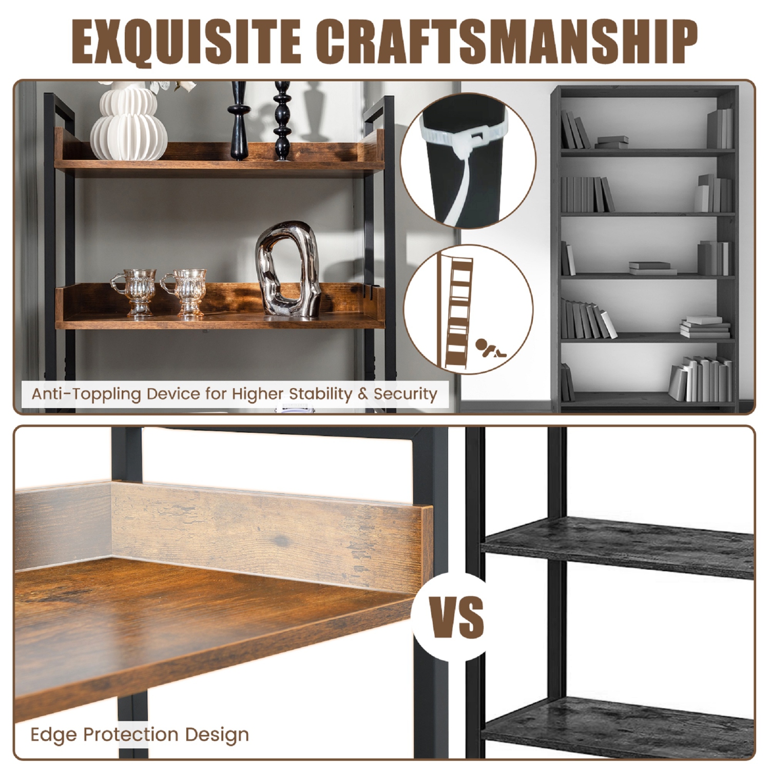 Topbuy 6-Tier Bookshelf with 4 Hooks Industrial Storage Bookcase Tall Freestanding Display Shelf with Anti-tipping Device