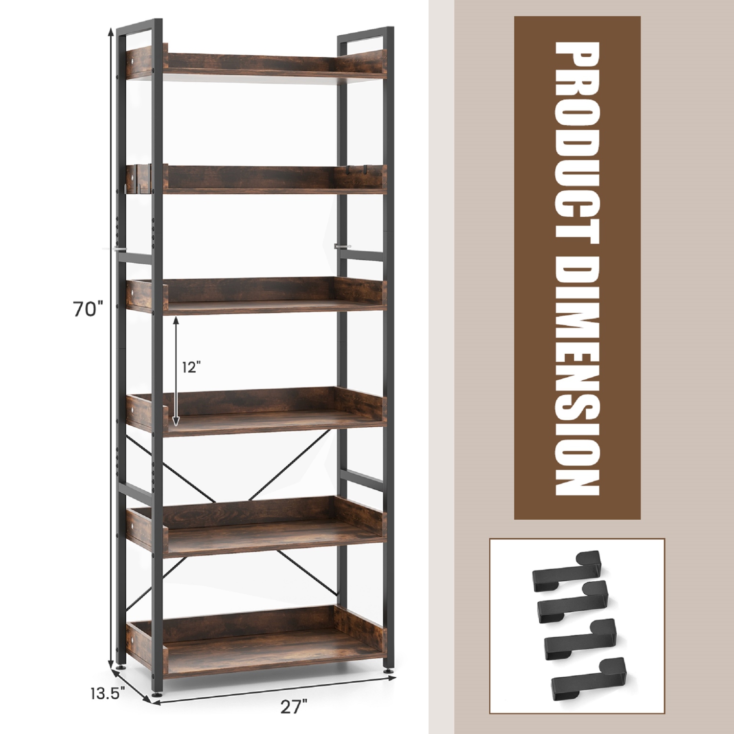 Topbuy 6-Tier Bookshelf with 4 Hooks Industrial Storage Bookcase Tall Freestanding Display Shelf with Anti-tipping Device