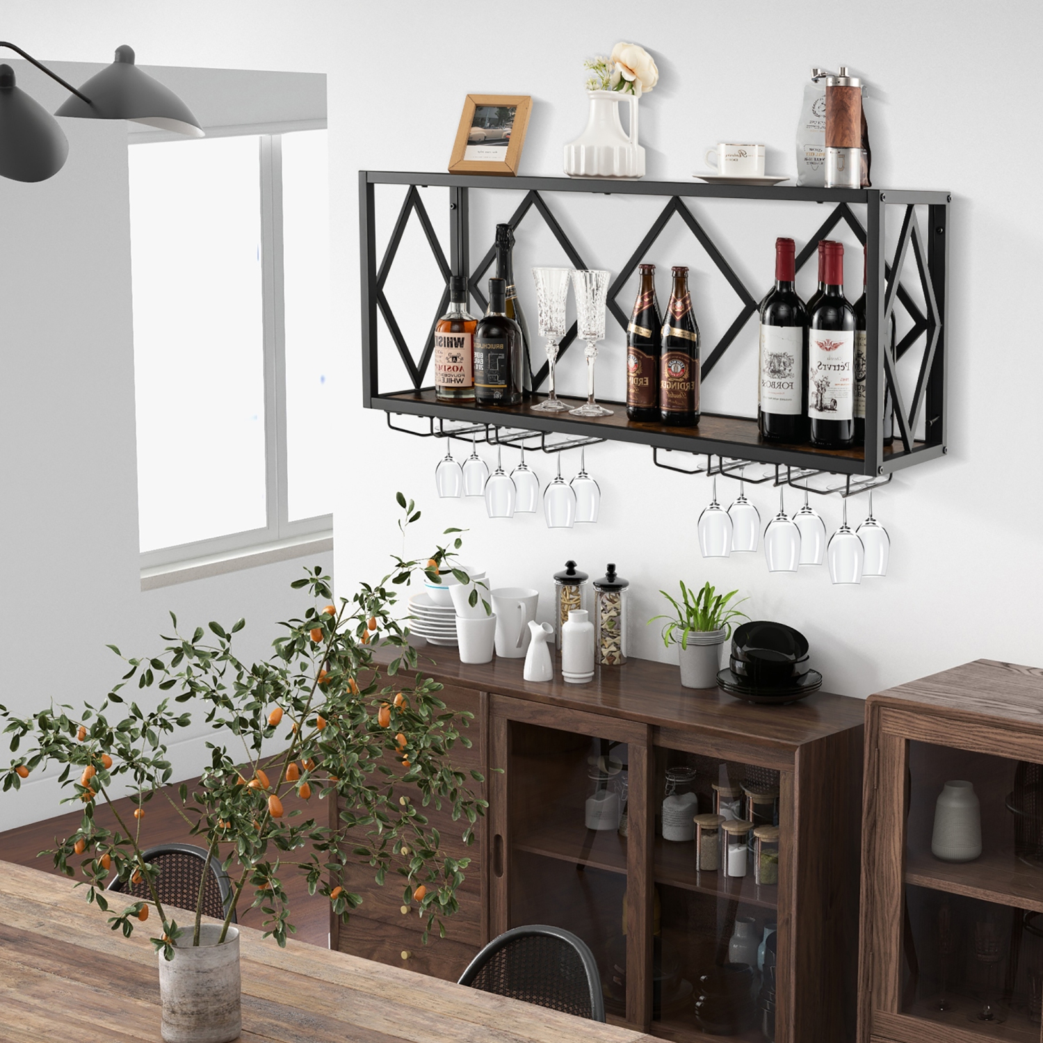 Gymax Wall Mounted Wine Rack Industrial Storage Display Shelf Glass Holder Kitchen