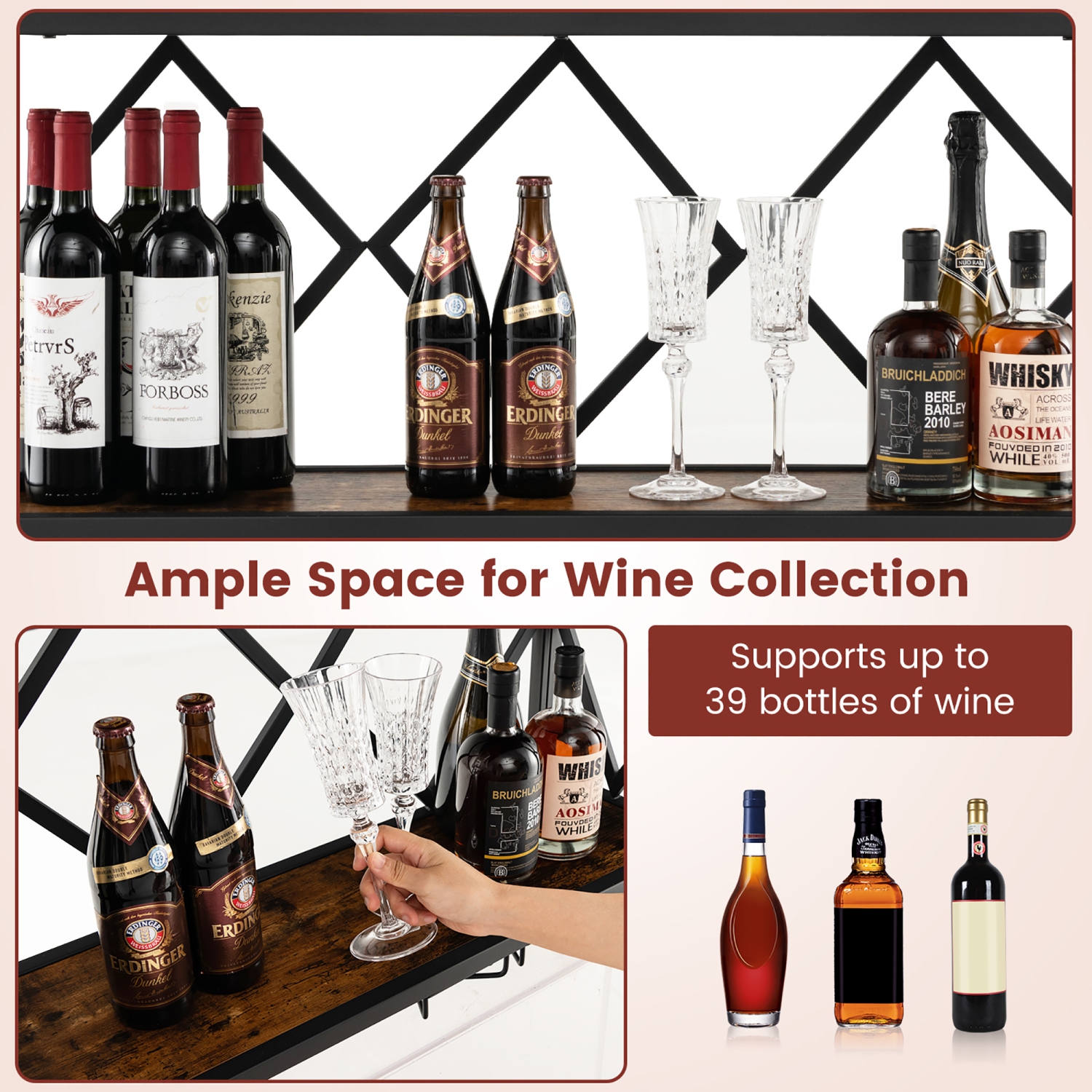 Gymax Wall Mounted Wine Rack Industrial Storage Display Shelf Glass Holder Kitchen