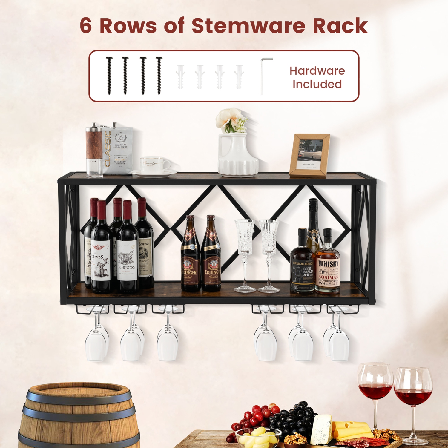 Gymax Wall Mounted Wine Rack Industrial Storage Display Shelf Glass Holder Kitchen