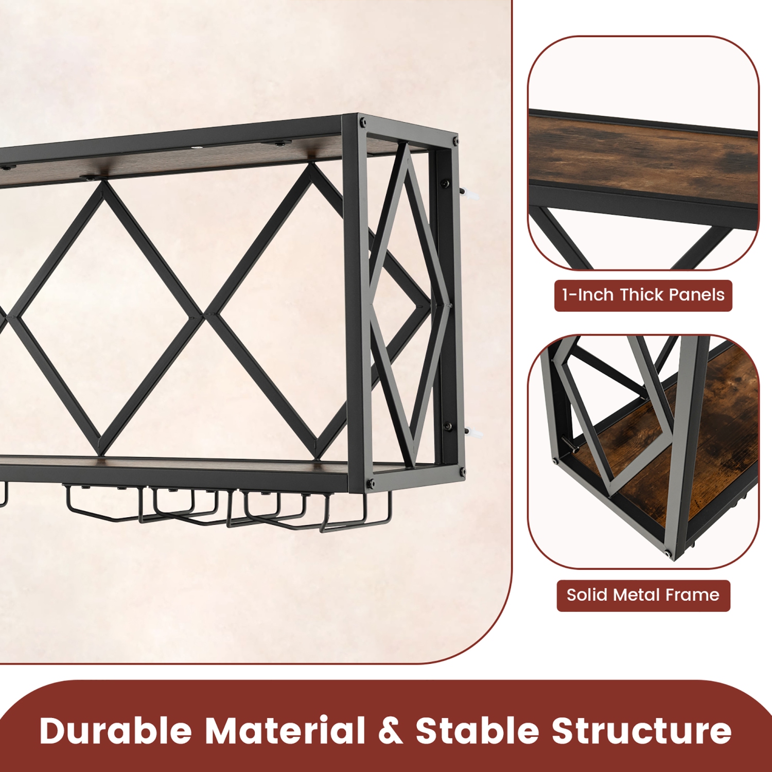 Gymax Wall Mounted Wine Rack Industrial Storage Display Shelf Glass Holder Kitchen