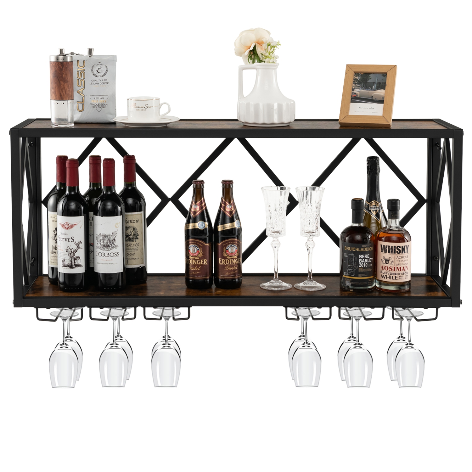Gymax Wall Mounted Wine Rack Industrial Storage Display Shelf Glass Holder Kitchen