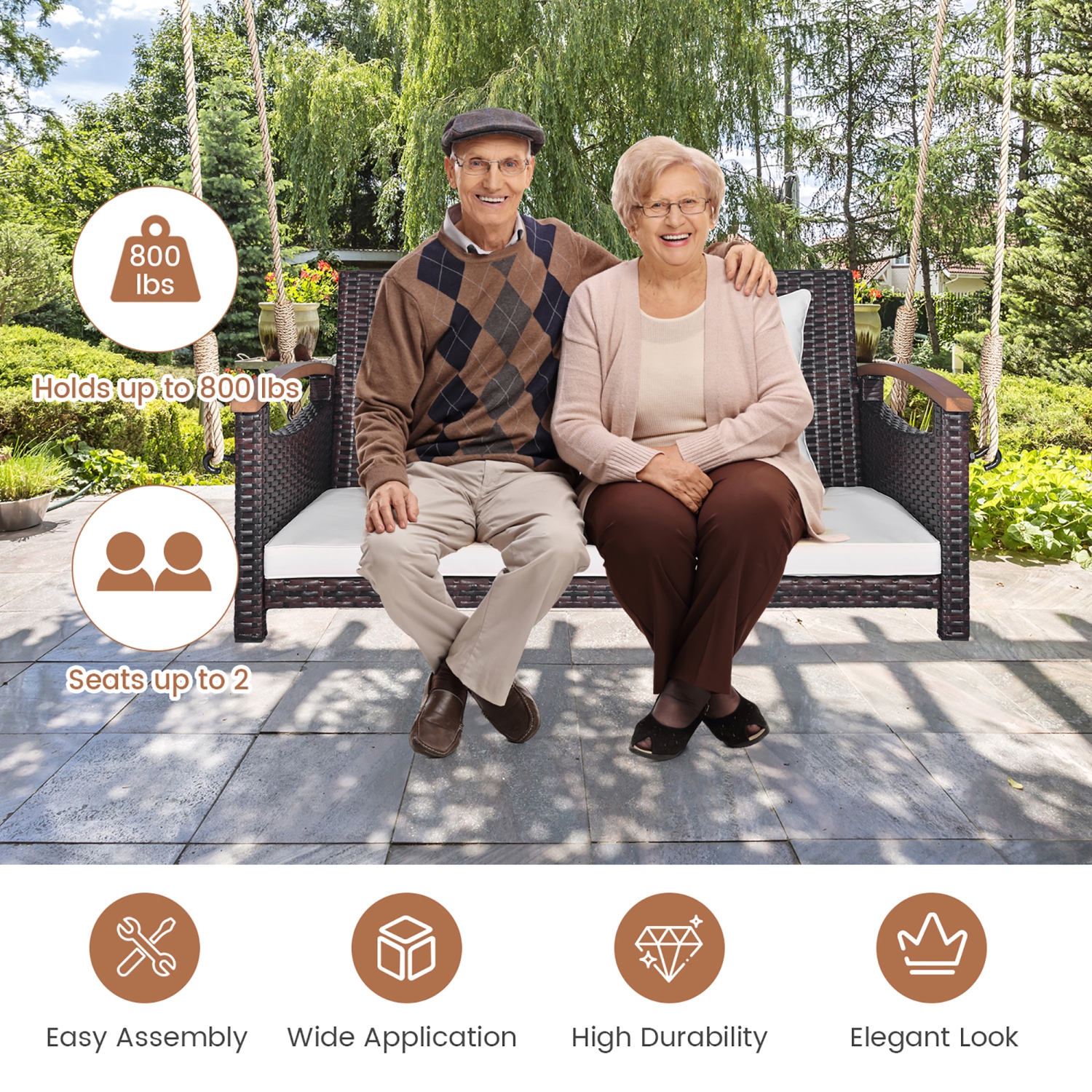 Gymax 2-seater hanging swing porch swing PE wicker swing outdoor hanging swing garden poolside