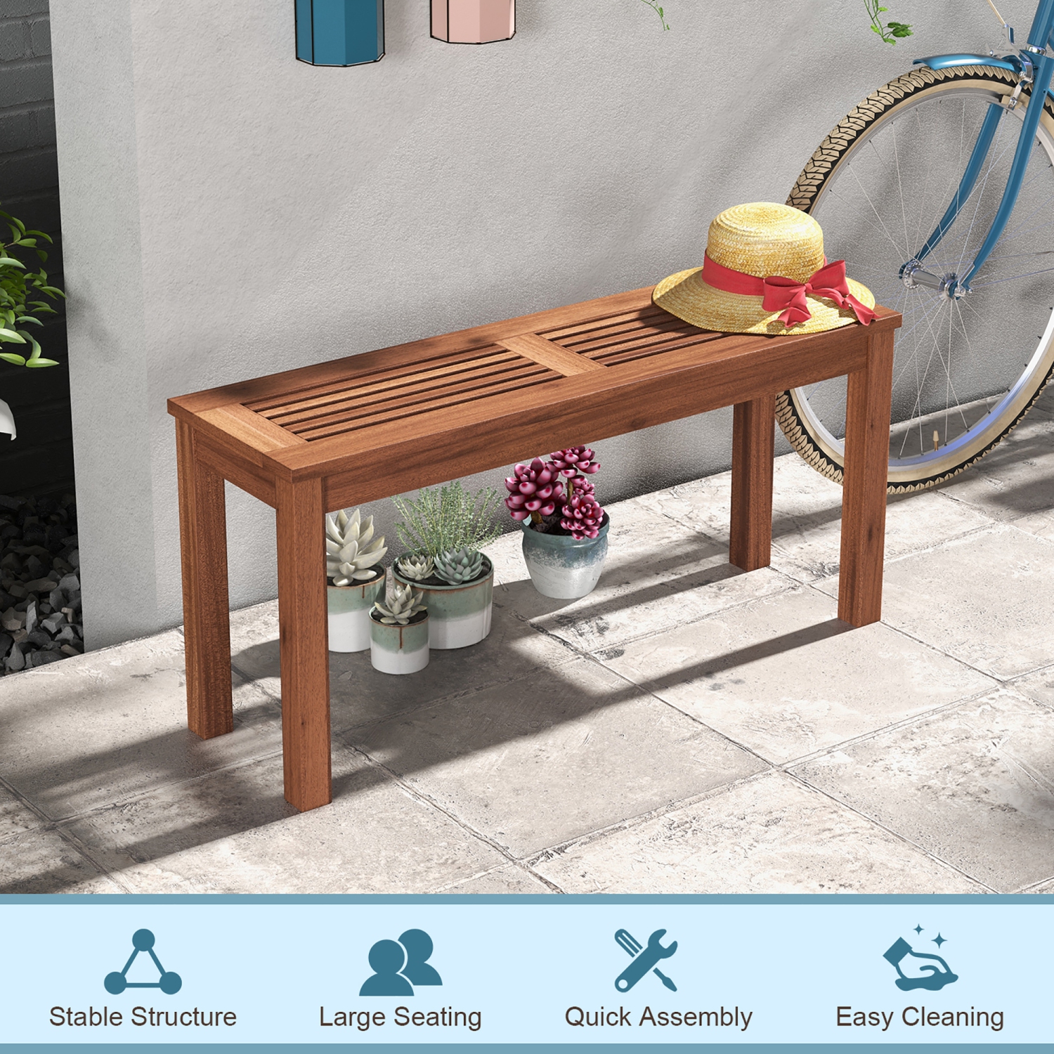 Gymax 2 Pieces 2-Person Outdoor Bench Patio Bench w/ Slatted Seat Weather Resistant Solid Wood Frame