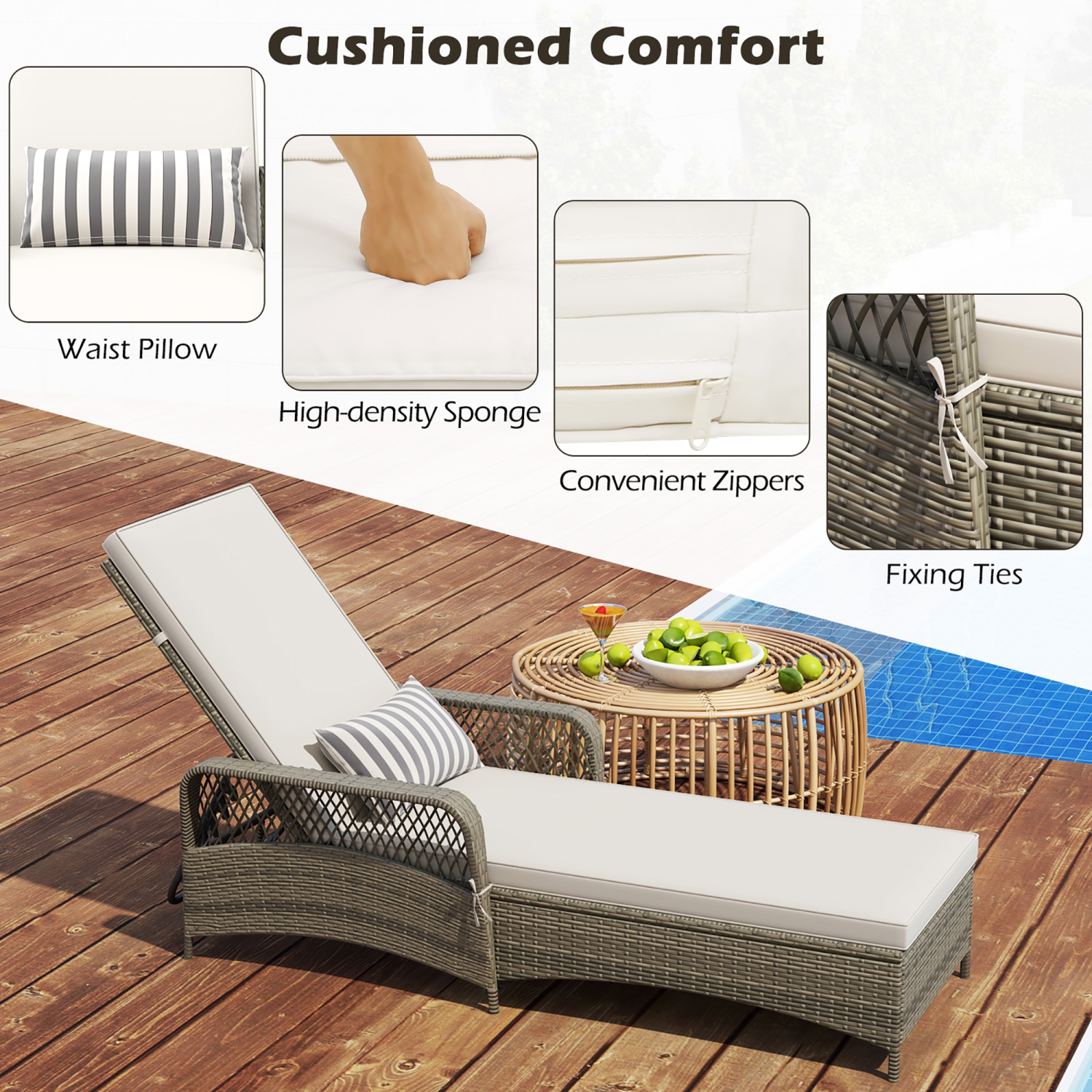 Gymax PE Wicker Chaise Lounge Chair 6-Position Adjustable Patio Recliner w/ Soft Cushions