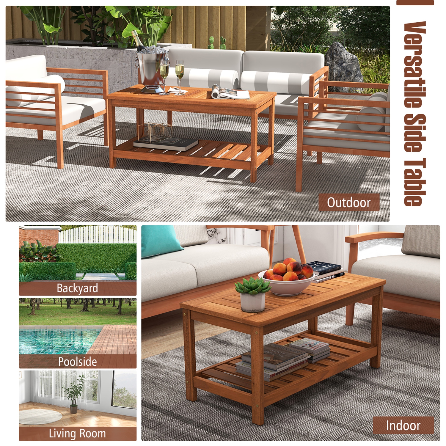 Gymax Hardwood Outdoor Patio Coffee Table 2-Tier Coffee Table w/ Slat Tabletop & Storage Shelf Natural