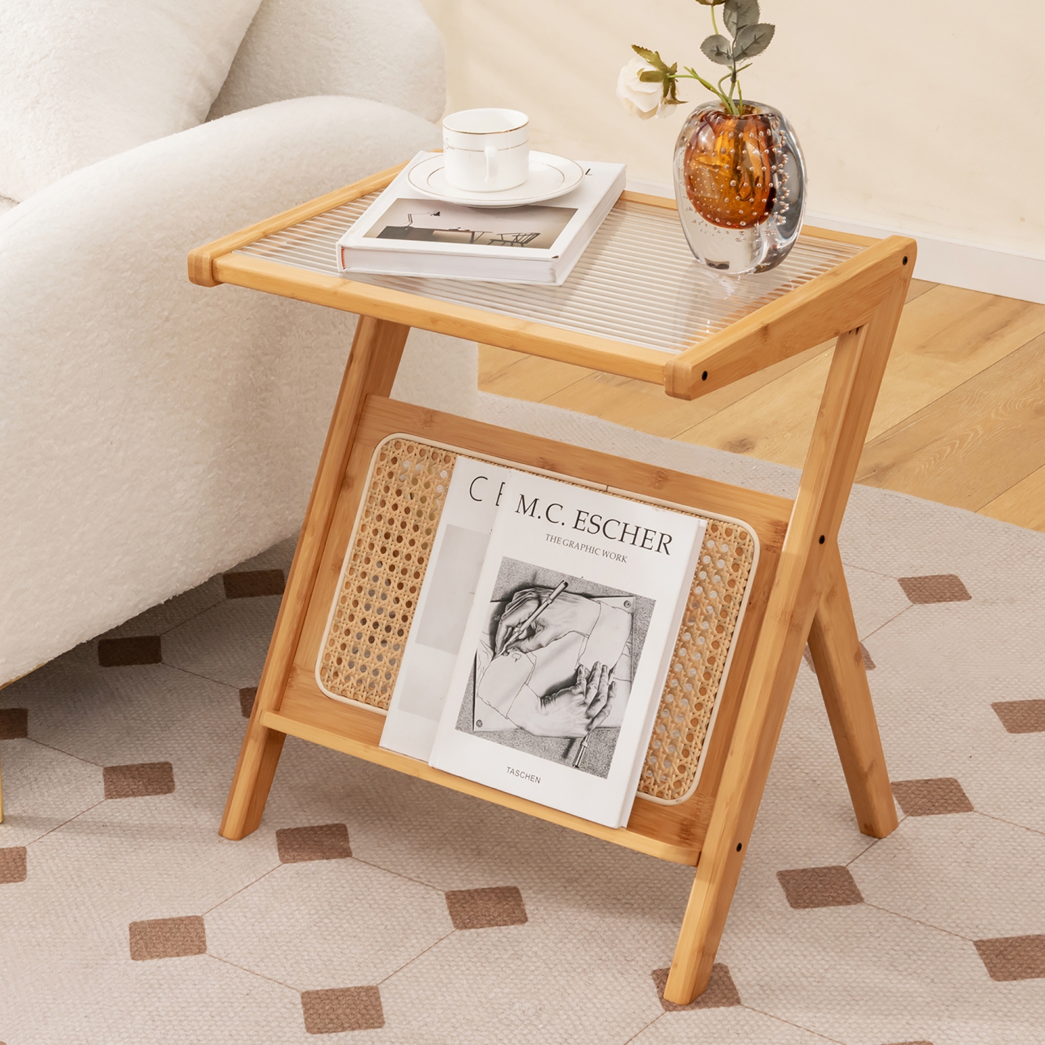 Gymax 2 Pieces Boho End Table with Magazine Rack Versatile Bamboo Bedside Table w/ Rattan Shelf Natural