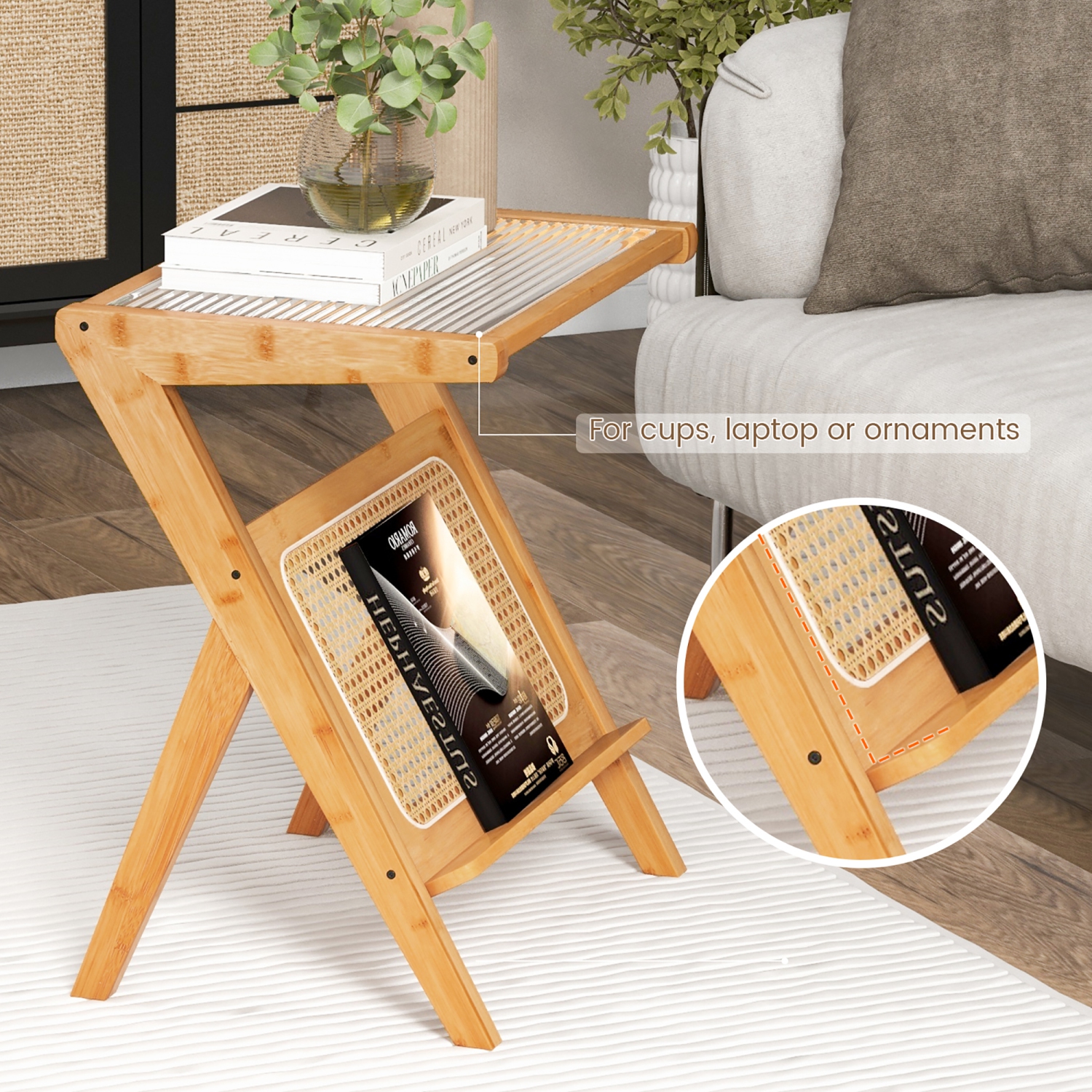 Gymax 2 Pieces Boho End Table with Magazine Rack Versatile Bamboo Bedside Table w/ Rattan Shelf Natural