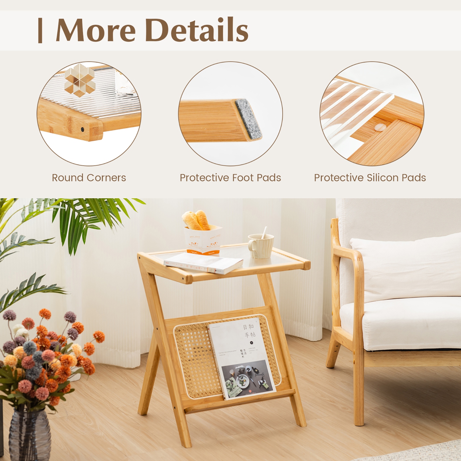 Gymax 2 Pieces Boho End Table with Magazine Rack Versatile Bamboo Bedside Table w/ Rattan Shelf Natural