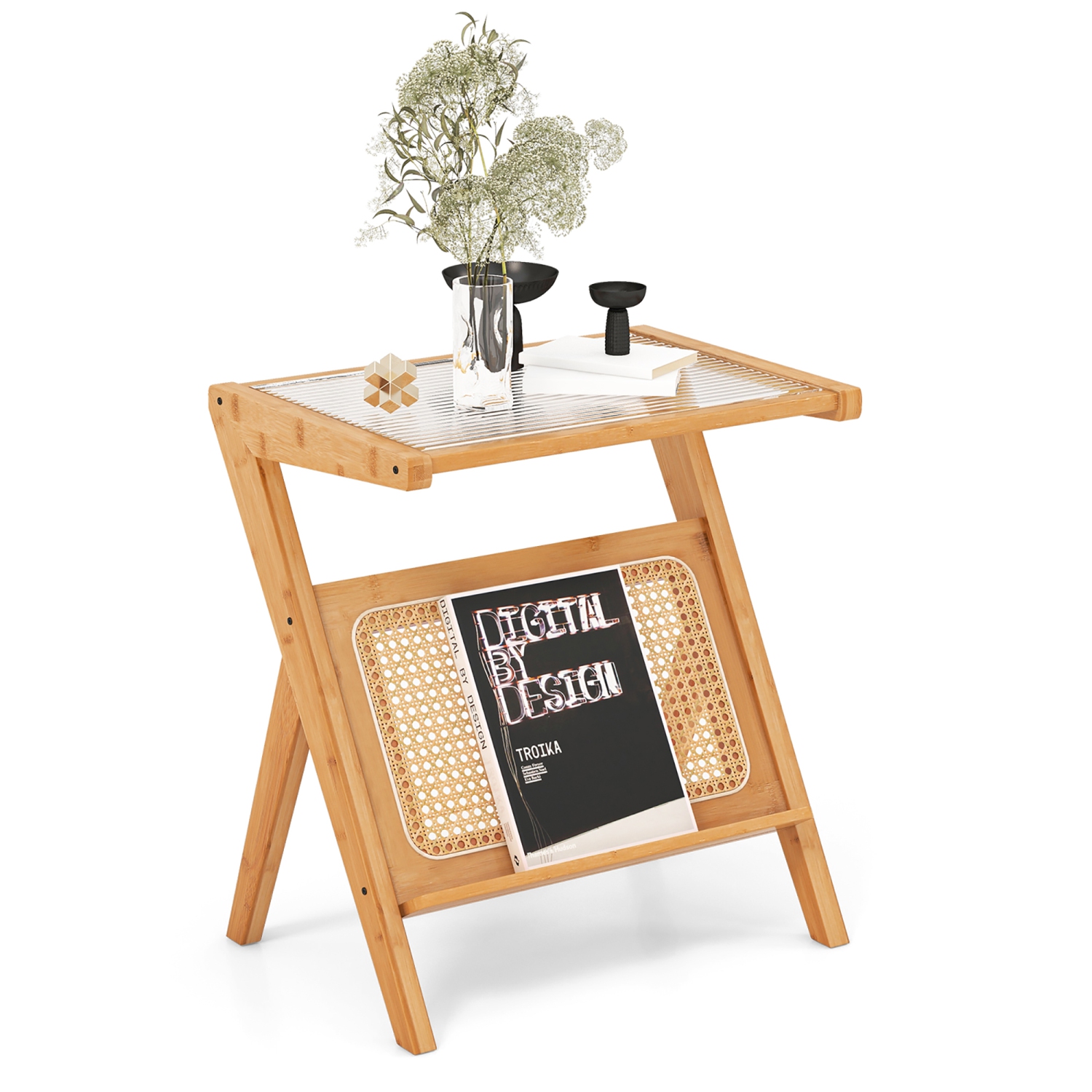 Gymax 2 Pieces Boho End Table with Magazine Rack Versatile Bamboo Bedside Table w/ Rattan Shelf Natural