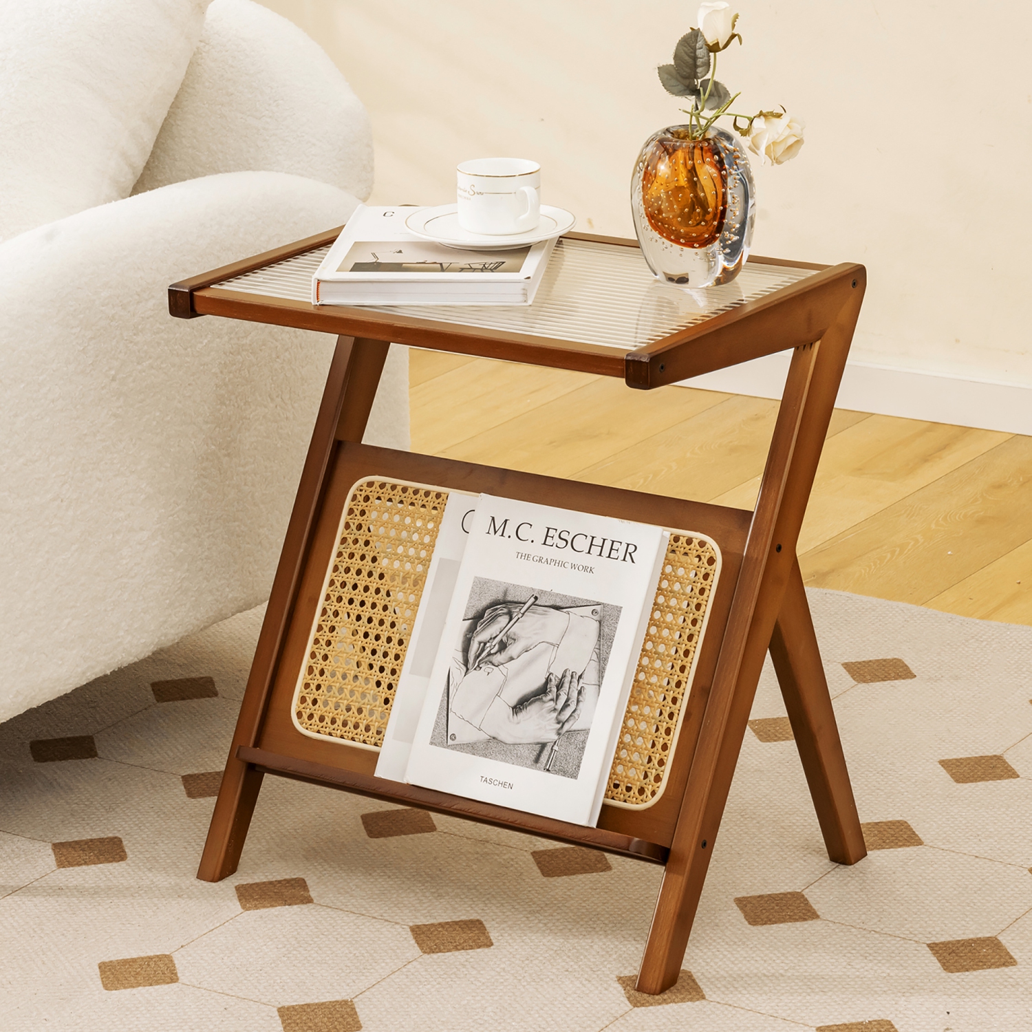 Gymax 2 Pieces Boho End Table with Magazine Rack Versatile Bamboo Bedside Table w/ Rattan Shelf Walnut
