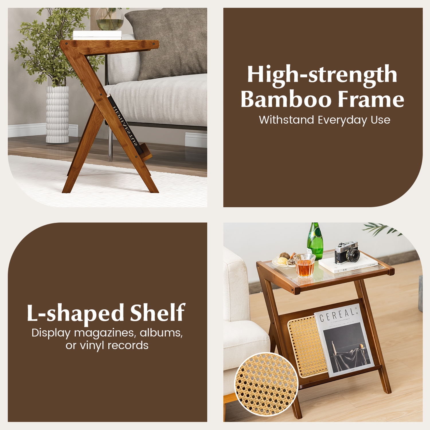 Gymax 2 Pieces Boho End Table with Magazine Rack Versatile Bamboo Bedside Table w/ Rattan Shelf Walnut