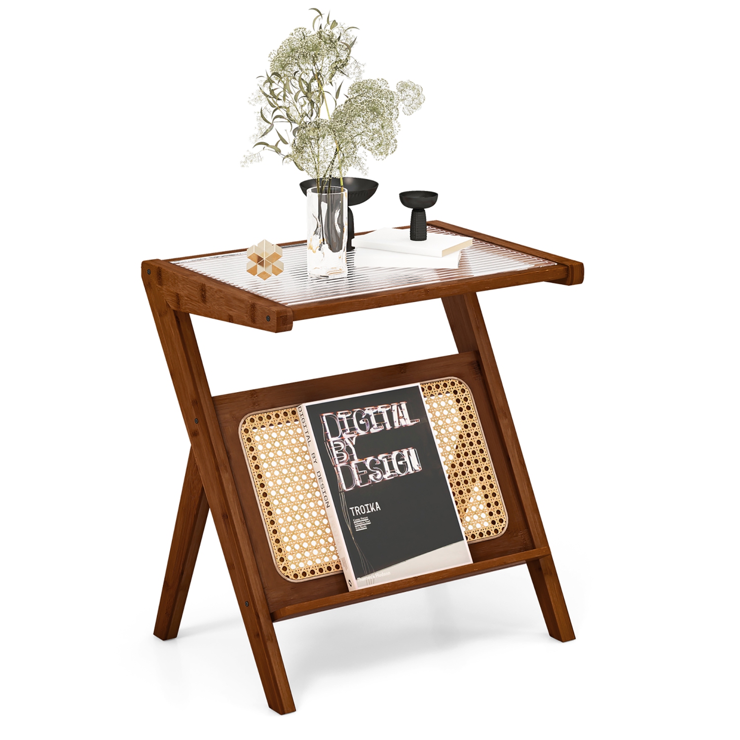 Gymax 2 Pieces Boho End Table with Magazine Rack Versatile Bamboo Bedside Table w/ Rattan Shelf Walnut