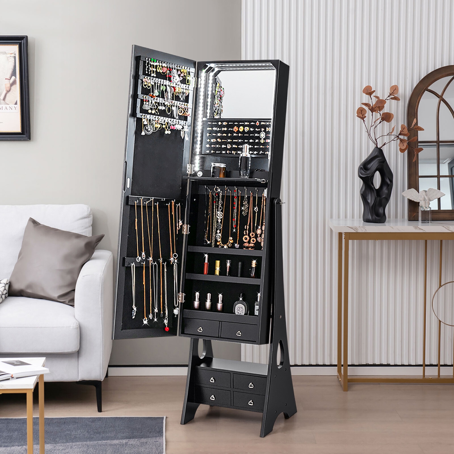 Gymax Jewelry Cabinet Armoire Full Length LED Mirror W/ 6 Drawers & Makeup Shelf Black