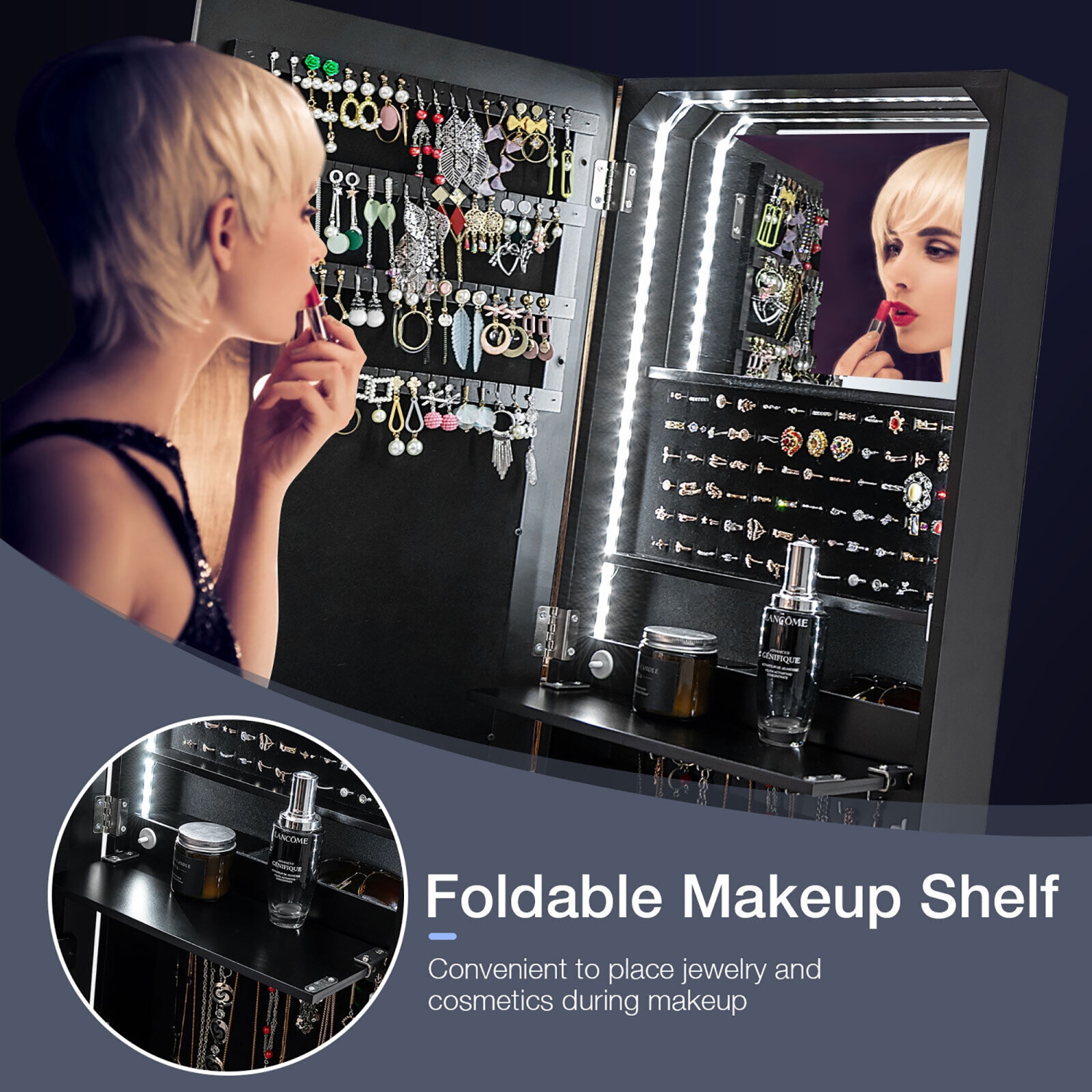 Gymax Jewelry Cabinet Armoire Full Length LED Mirror W/ 6 Drawers & Makeup Shelf Black