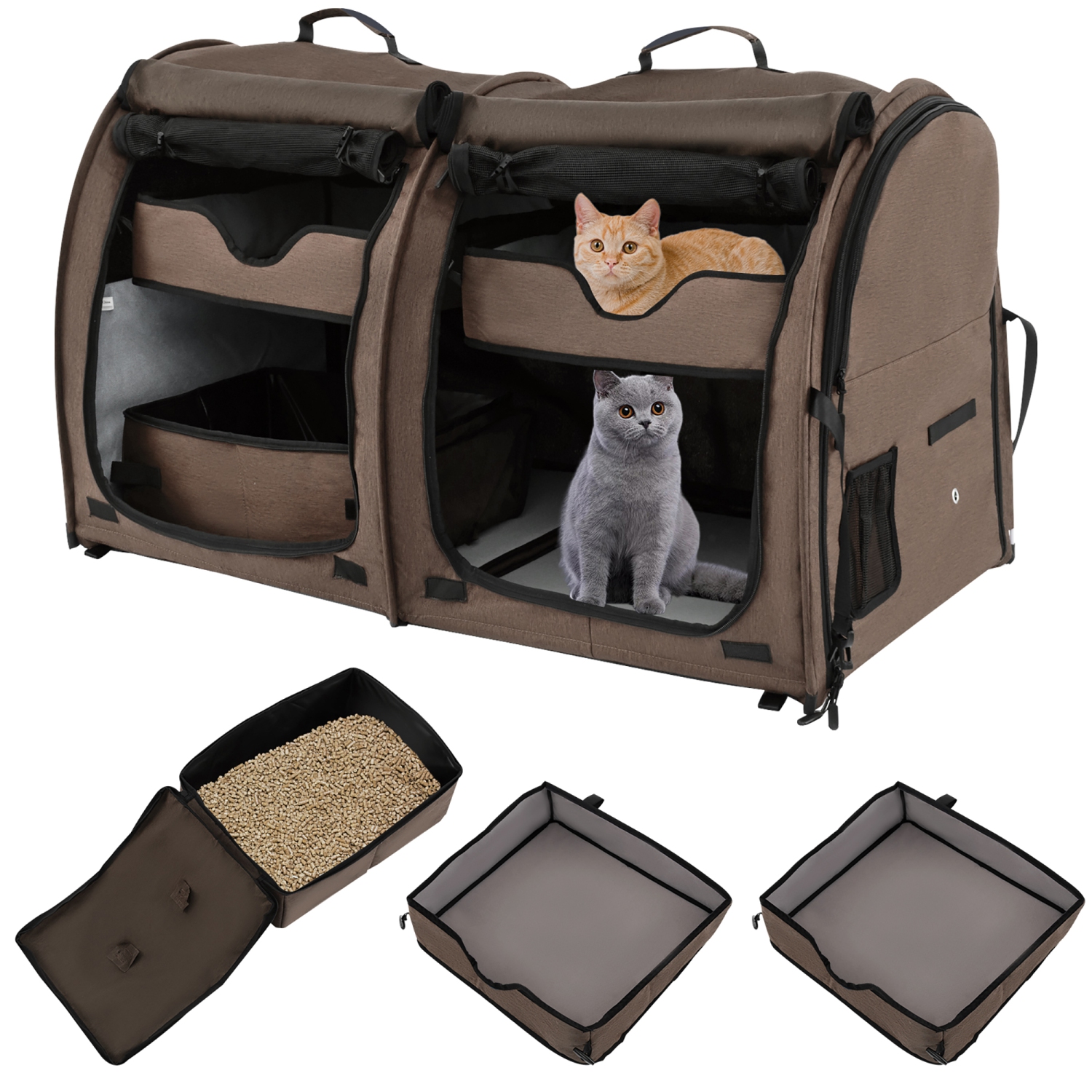 Gymax Portable Pet Carrier Kennel Cat Dog Crate Twin Compartments w/ Mats Litter Box