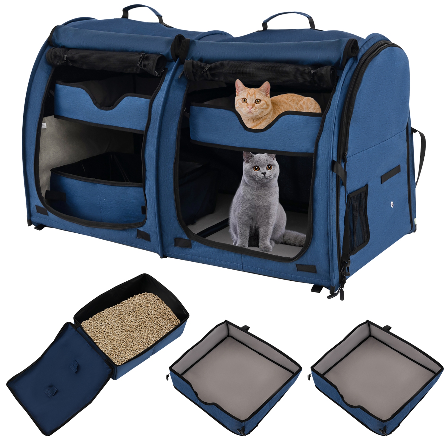 Gymax Portable Pet Carrier Kennel Cat Dog Crate Twin Compartments w/ Mats Litter Box