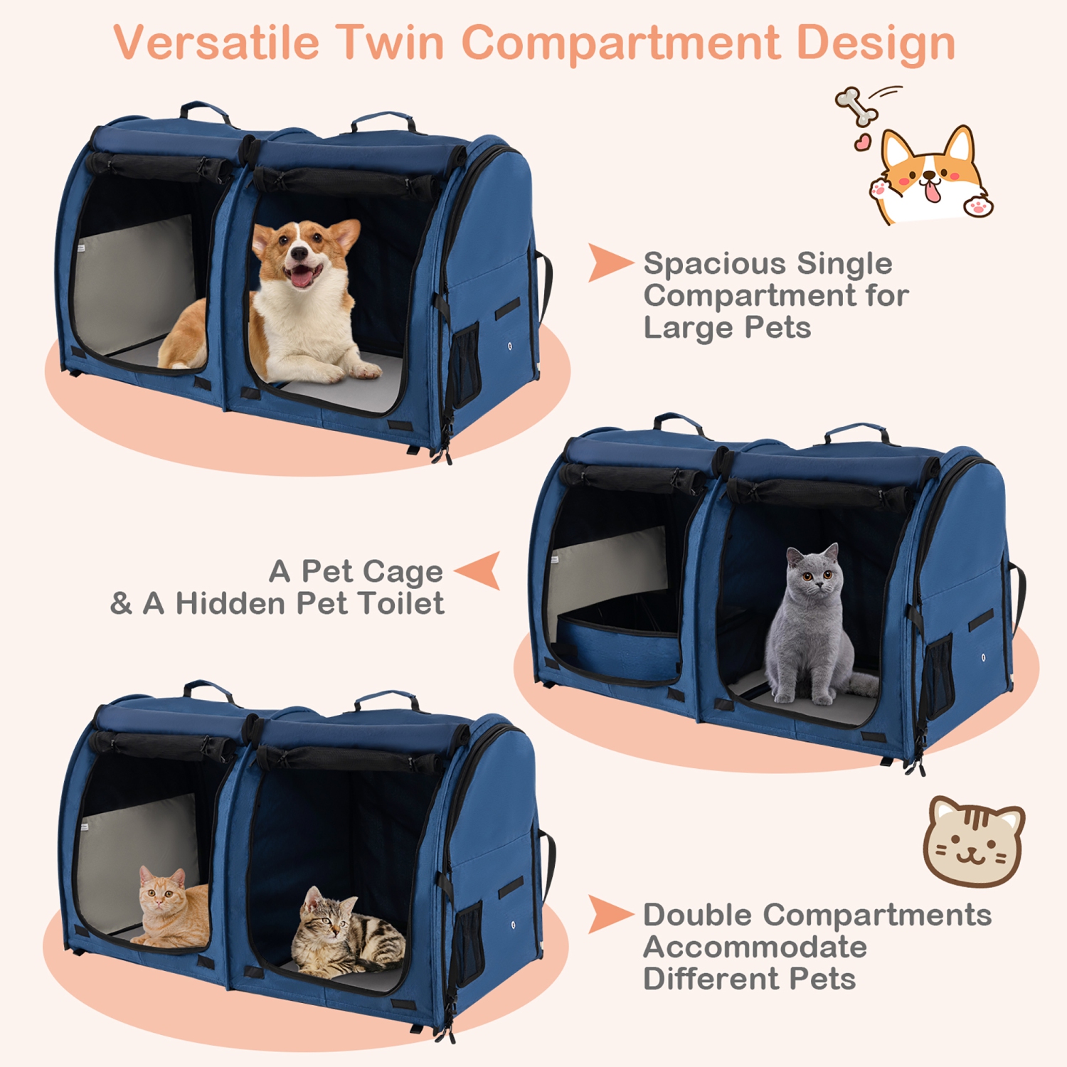 Gymax Portable Pet Carrier Kennel Cat Dog Crate Twin Compartments w/ Mats Litter Box
