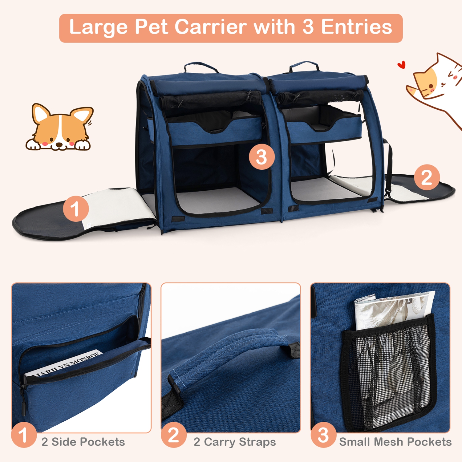 Gymax Portable Pet Carrier Kennel Cat Dog Crate Twin Compartments w/ Mats Litter Box