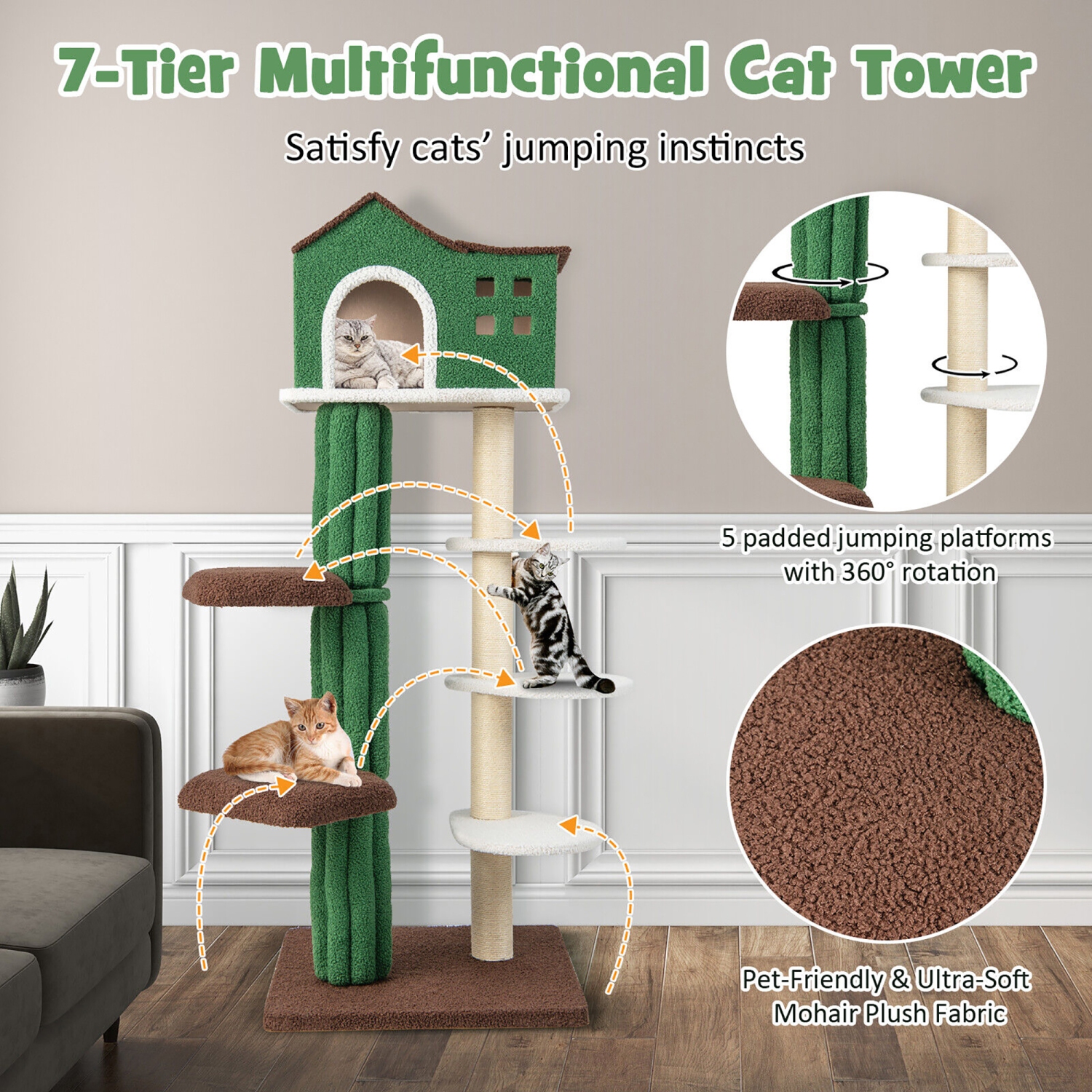 Gymax 7-Tier Modern Cat Tree Tower 61'' Cat Climbing Stand with Sisal Scratching Posts