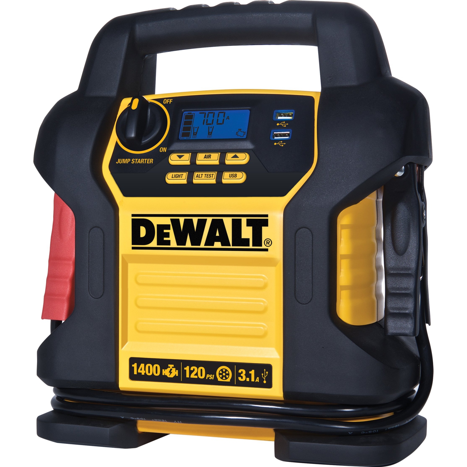 DEWALT DXAEJ14 Digital Portable Power Station Jump Starter: 1400 Peak/700 Instant Amps, 120 PSI Digital Air Compressor, 3.1A USB Ports, Battery Clamps, Yellow
