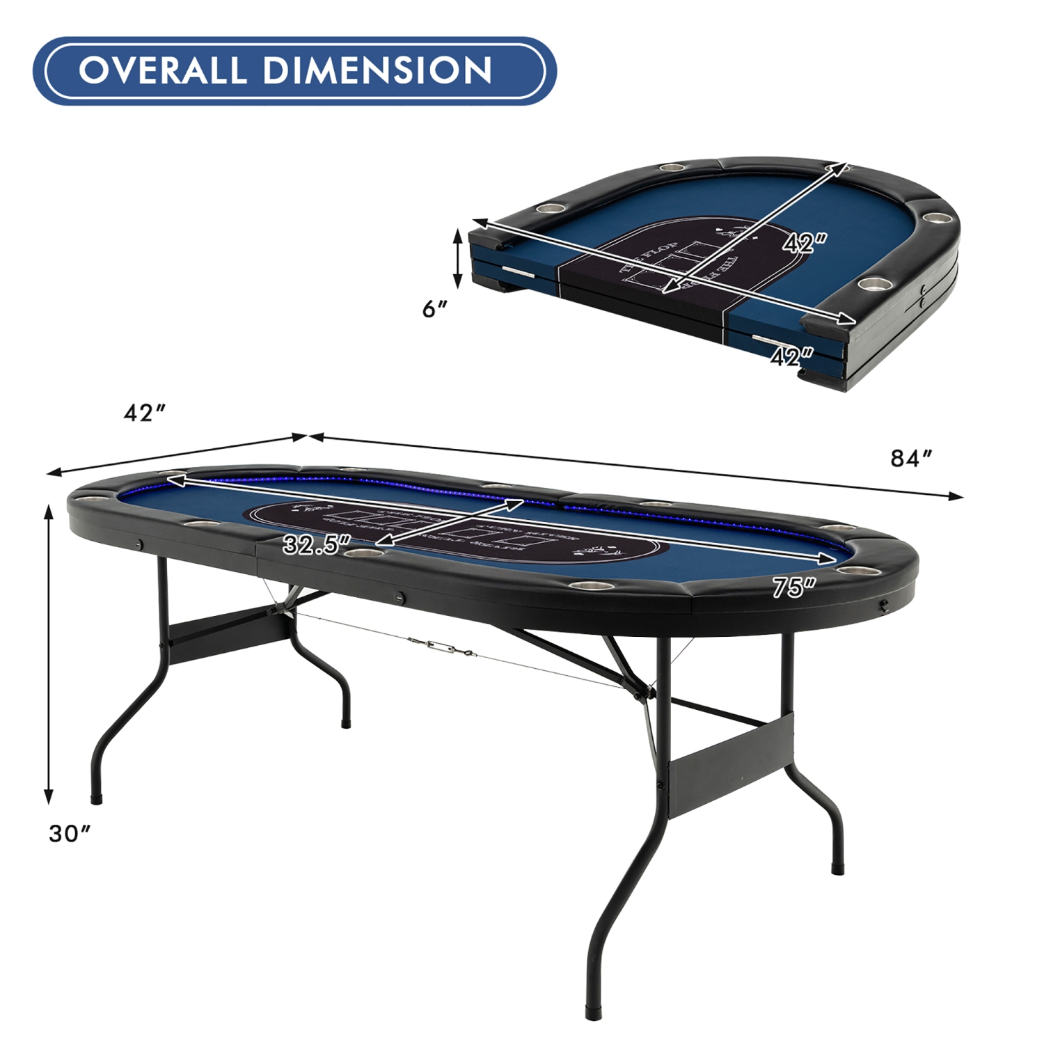 Costway Foldable 10 Player Poker Table Casino Texas Holdem W/ LED Lights USB Ports
