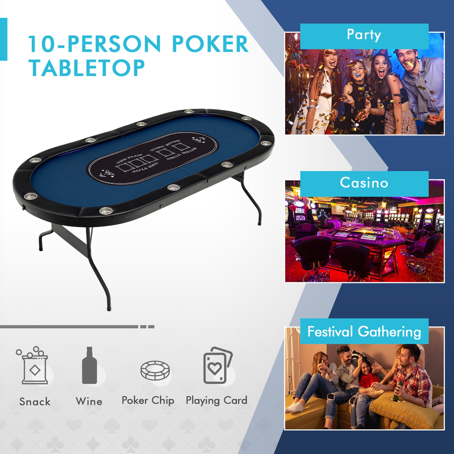 Costway Foldable 10 Player Poker Table Casino Texas Holdem W/ LED Lights USB Ports