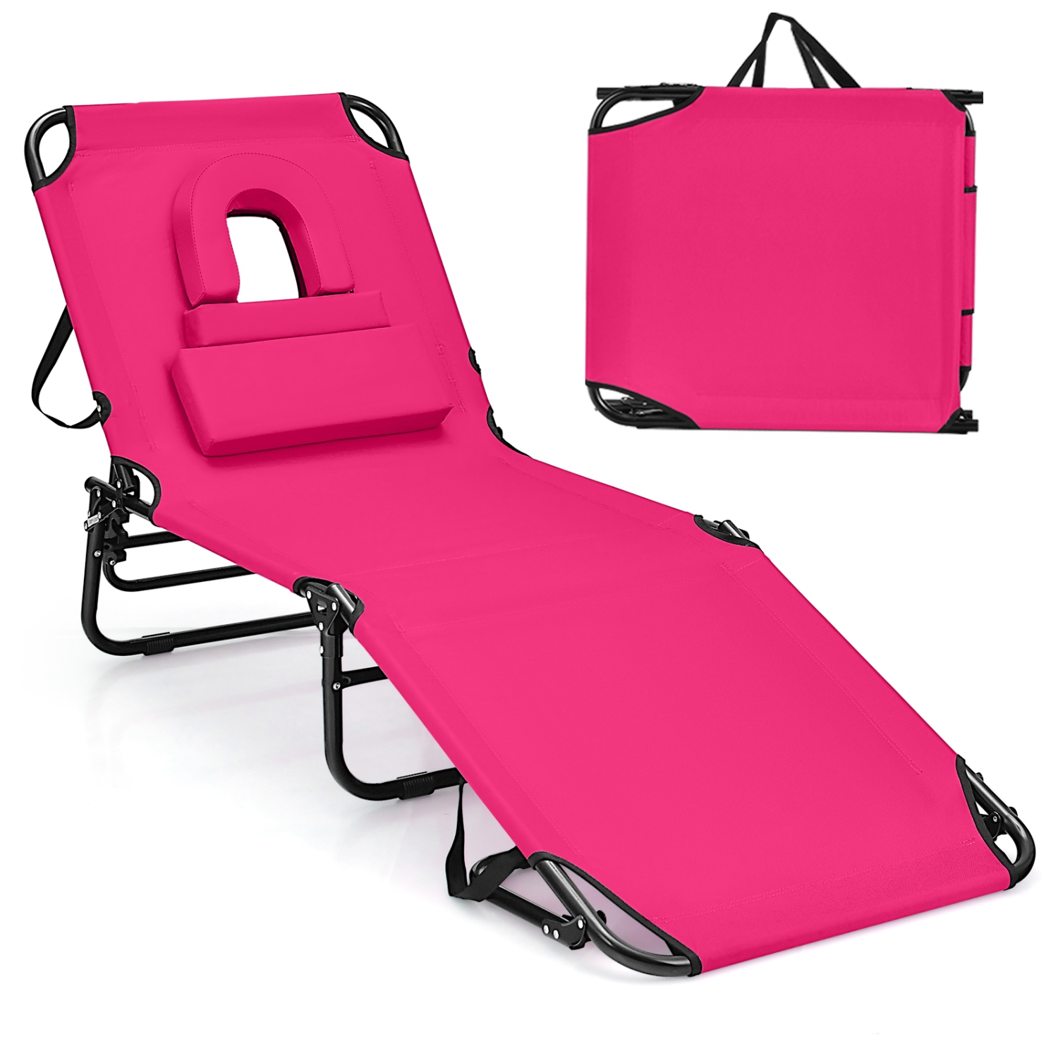 Costway Beach Chaise Lounge Chair with Face Hole Pillows & 5-Position Adjustable Backrest