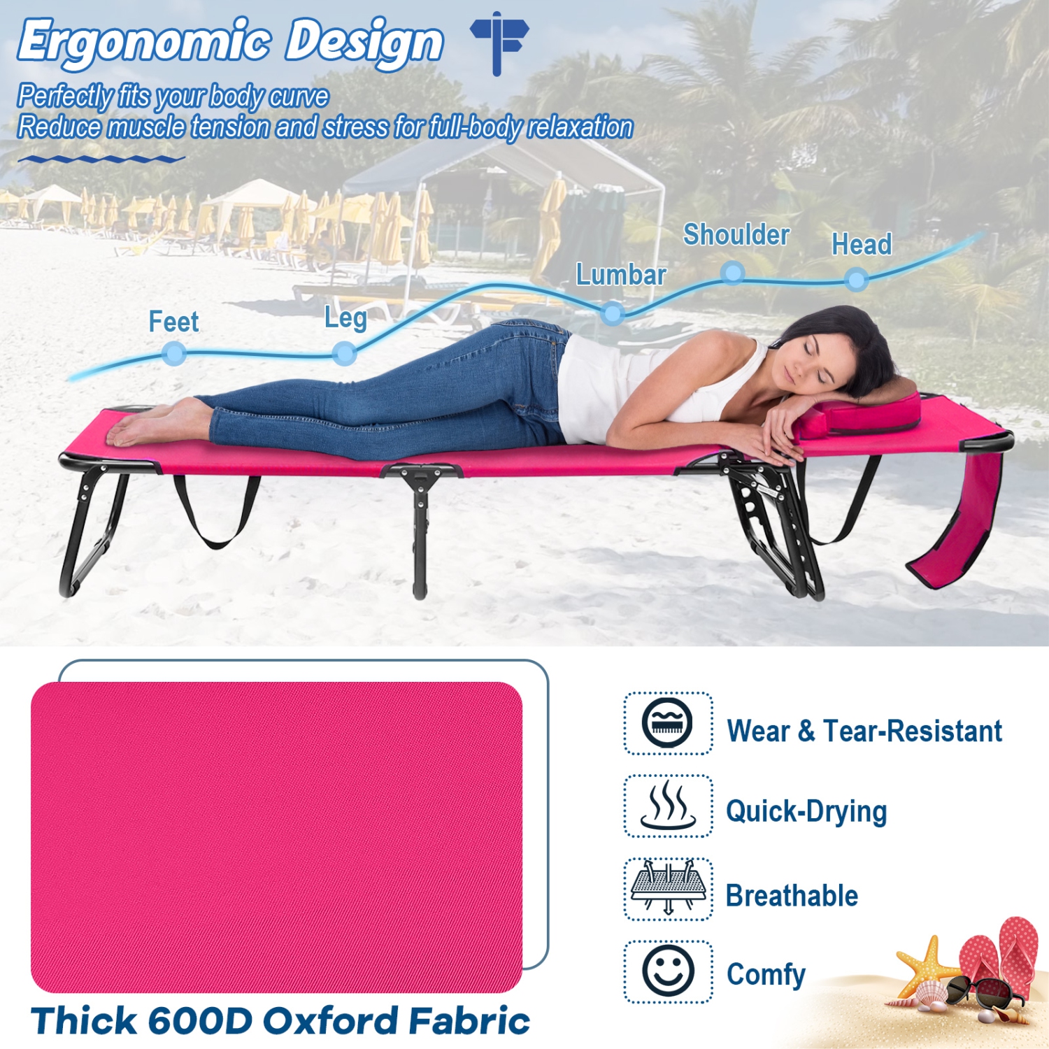 Costway Beach Chaise Lounge Chair with Face Hole Pillows & 5-Position Adjustable Backrest