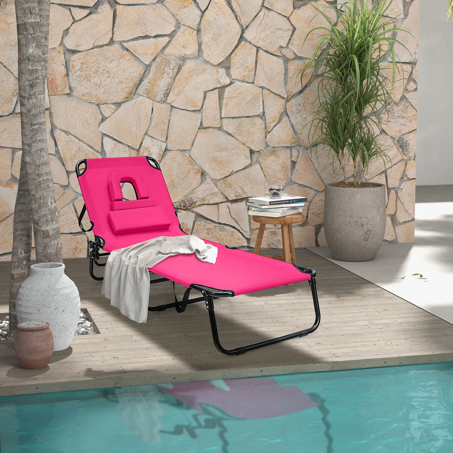 Costway 2 PCS Beach Chaise Lounge Chair with Face Hole Pillows & Adjustable Backrest