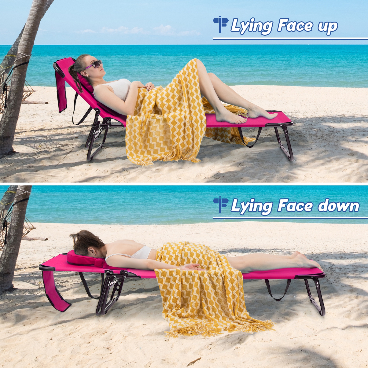 Costway 2 PCS Beach Chaise Lounge Chair with Face Hole Pillows & Adjustable Backrest
