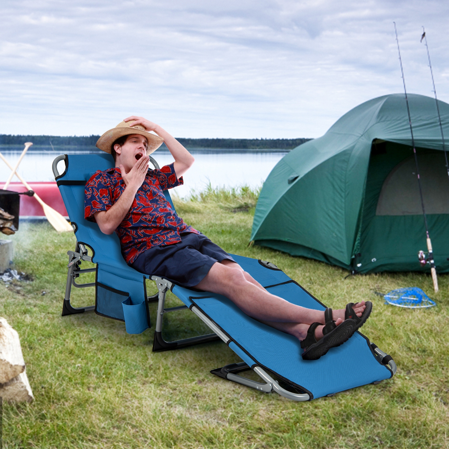 Costway Outdoor Folding Chaise 5-Position Lounge Chair with Face Hole &Adjustable Footrest