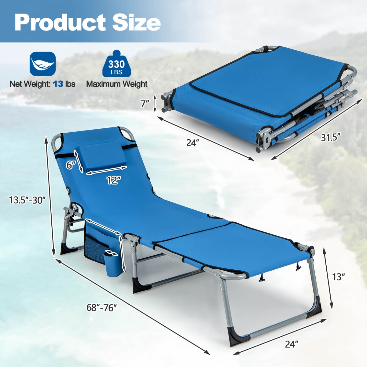 Costway Outdoor Folding Chaise 5-Position Lounge Chair with Face Hole &Adjustable Footrest