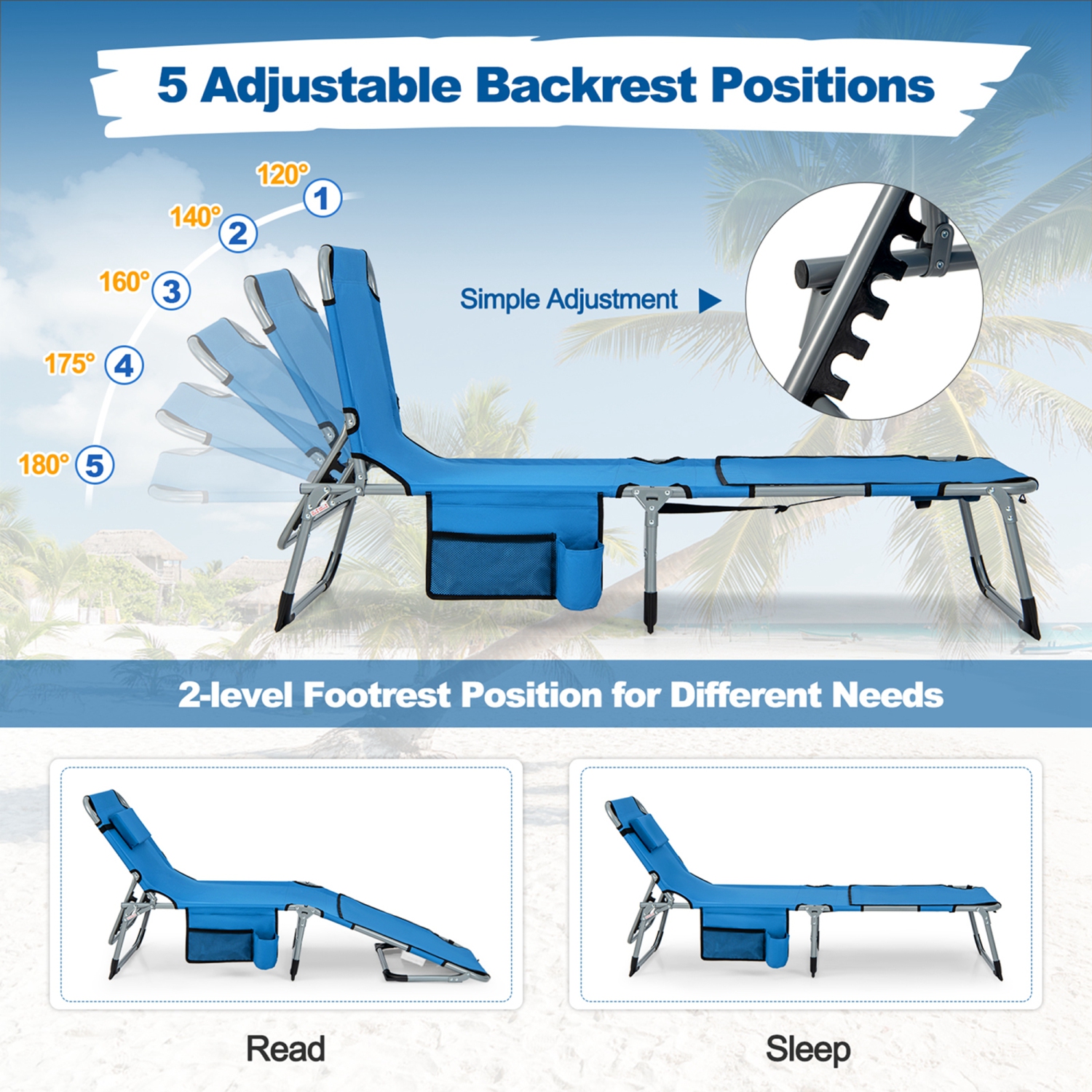 Costway Outdoor Folding Chaise 5-Position Lounge Chair with Face Hole &Adjustable Footrest