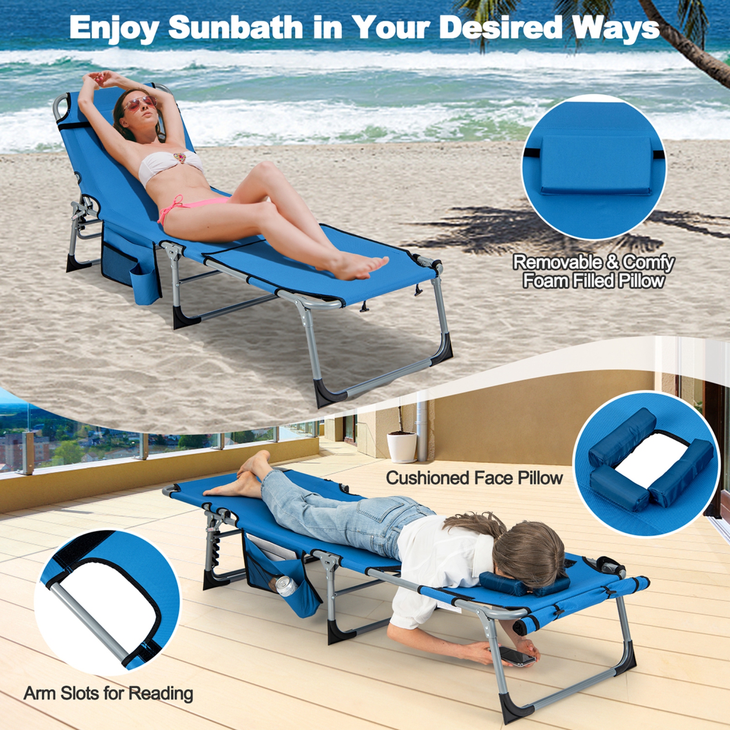 Costway Outdoor Folding Chaise 5-Position Lounge Chair with Face Hole &Adjustable Footrest