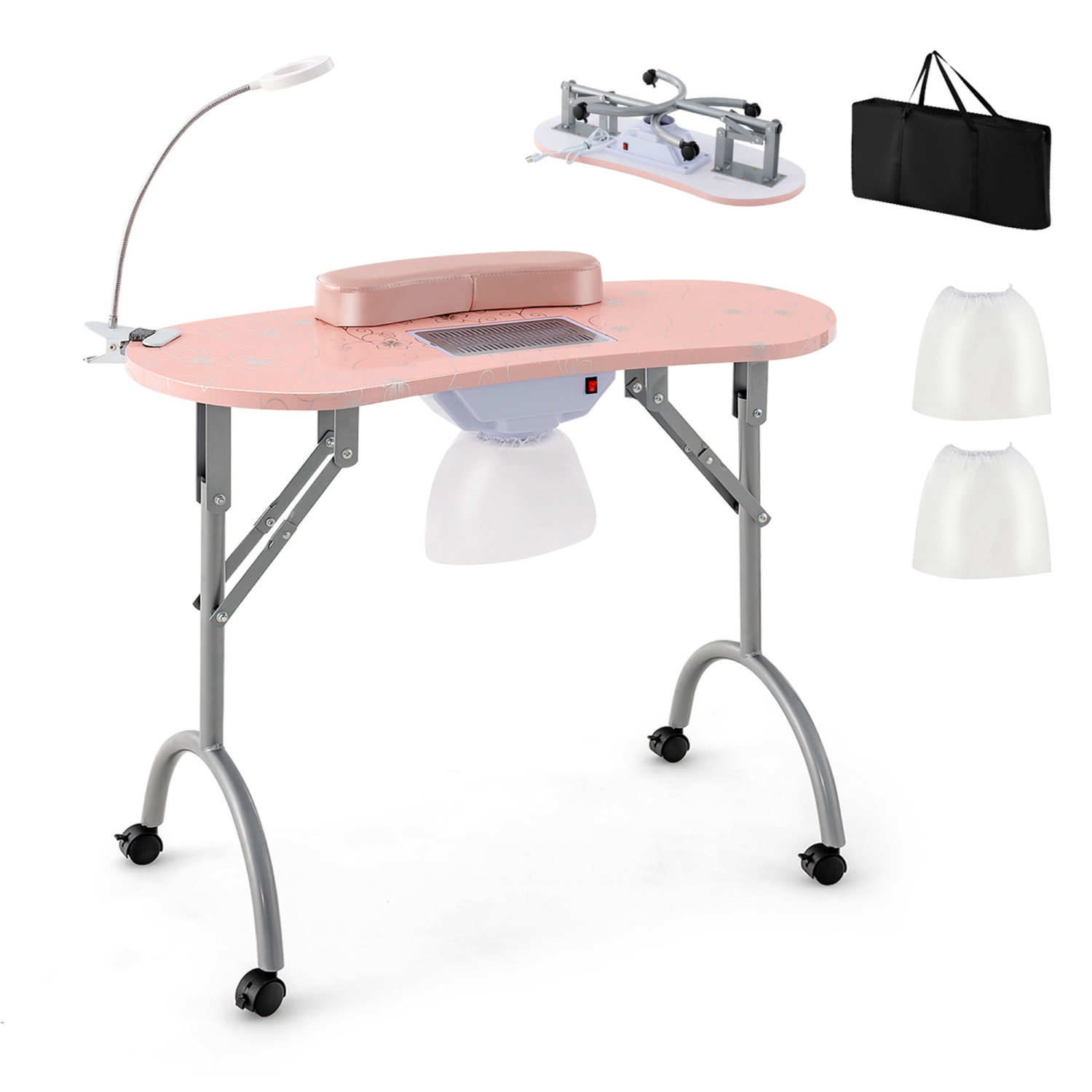 Costway Folding Manicure Table Portable Nail Desk with Dust Collector LED Lamp Carry Bag