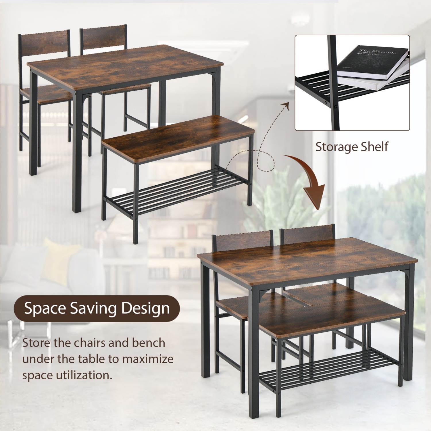 Costway 4pcs Dining Table Set Rustic Desk 2 Chairs & Bench with Storage Rack Brown/Grey/Coffee