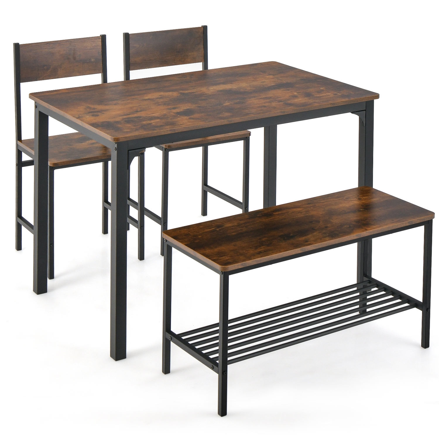 Costway 4pcs Dining Table Set Rustic Desk 2 Chairs & Bench with Storage Rack Brown/Grey/Coffee
