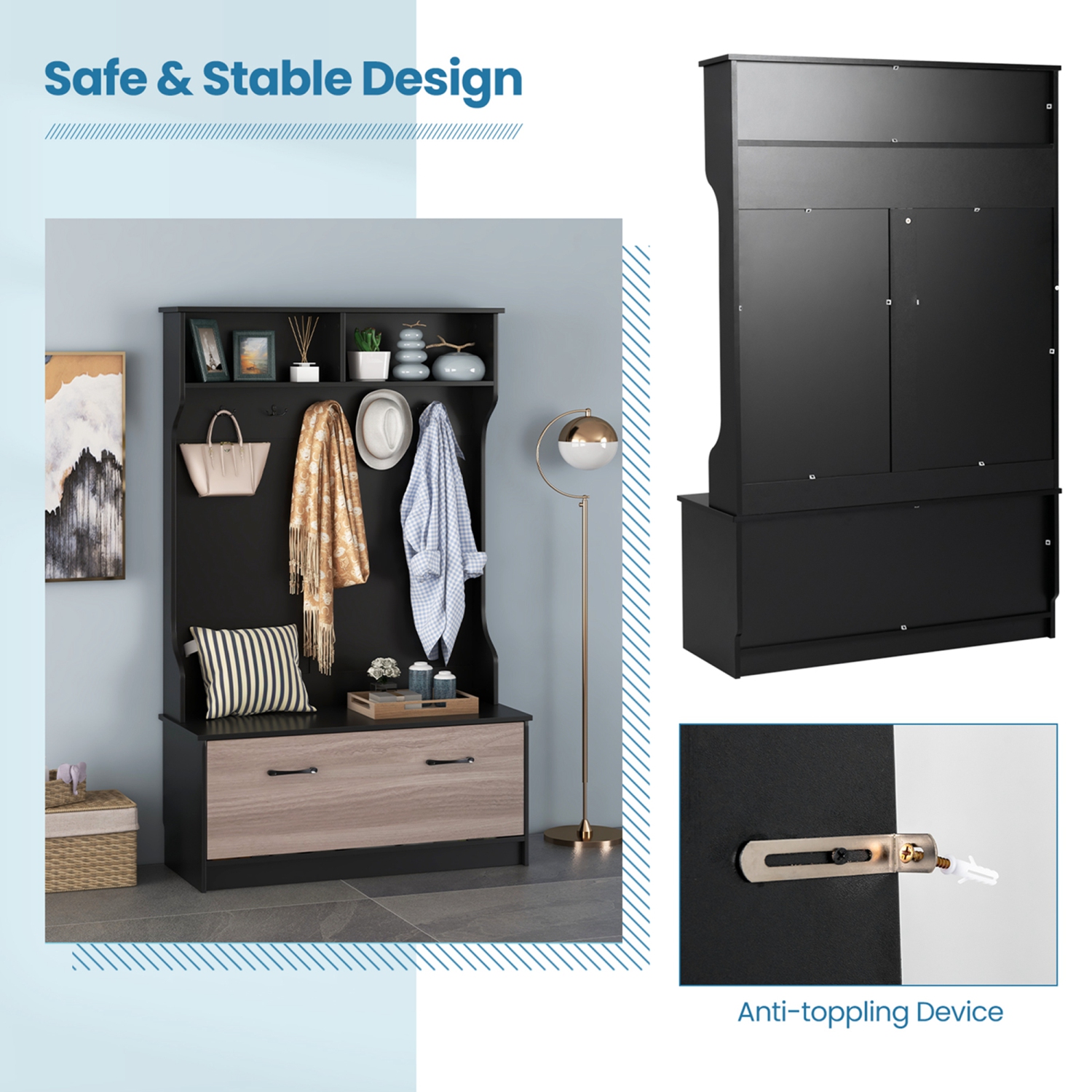 Portemanteau 63 po avec porte-manteau et banc de rangement de Costway - Noir-blanc