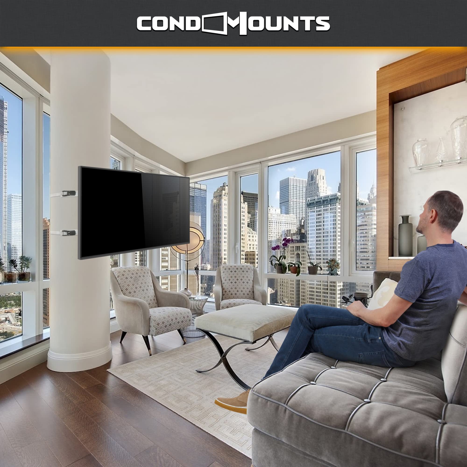 CondoMounts Full Motion LARGE Pillar TV Mount | Column TV Mount | Round & Square TV Post Mount | NO Drill | Holds 80lbs | Fits 32"-70" TVs | Fits