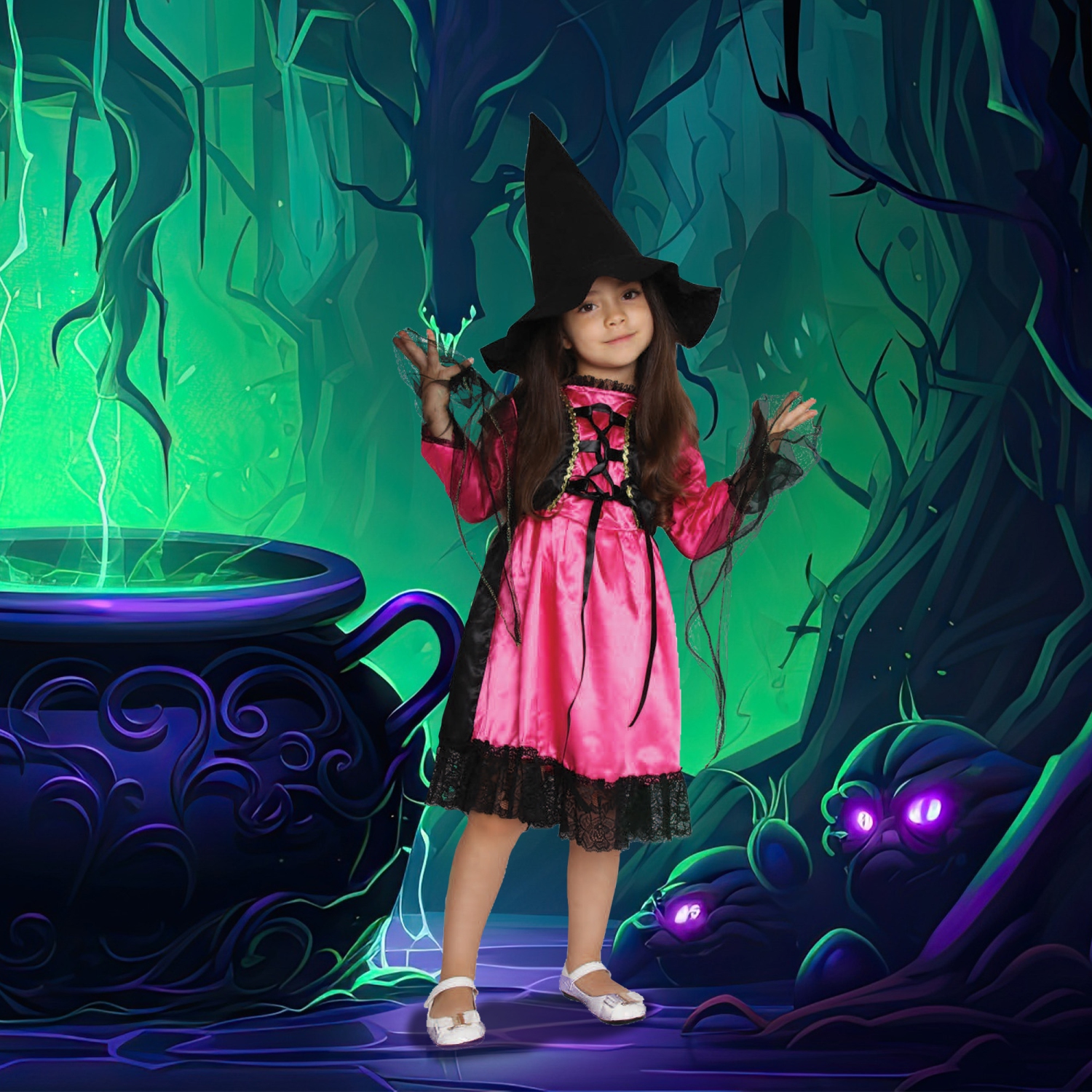 Girl's Witch Children's Halloween Costume - Medium - Black and Pink