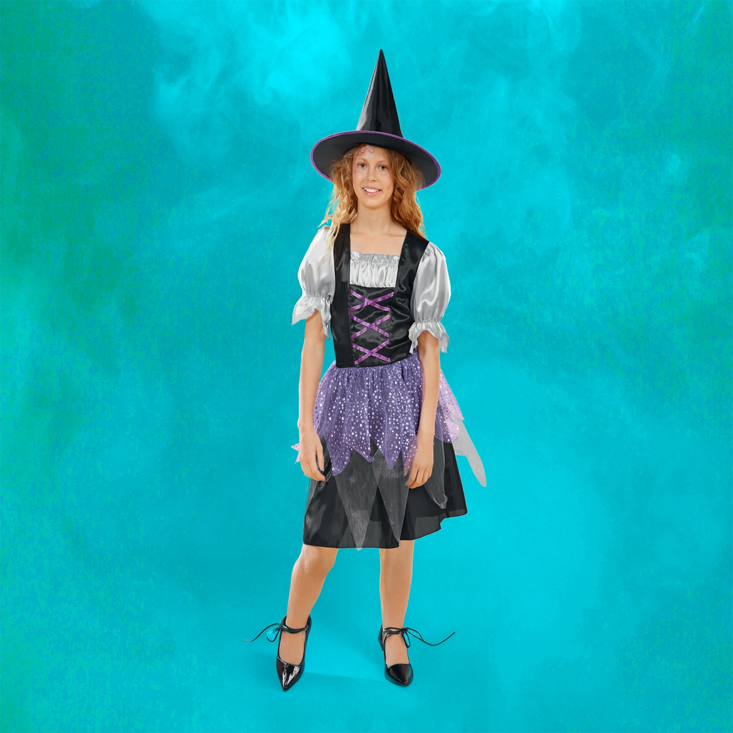 Costume d'Halloween pour enfant, sorcière noire et violette - moyen