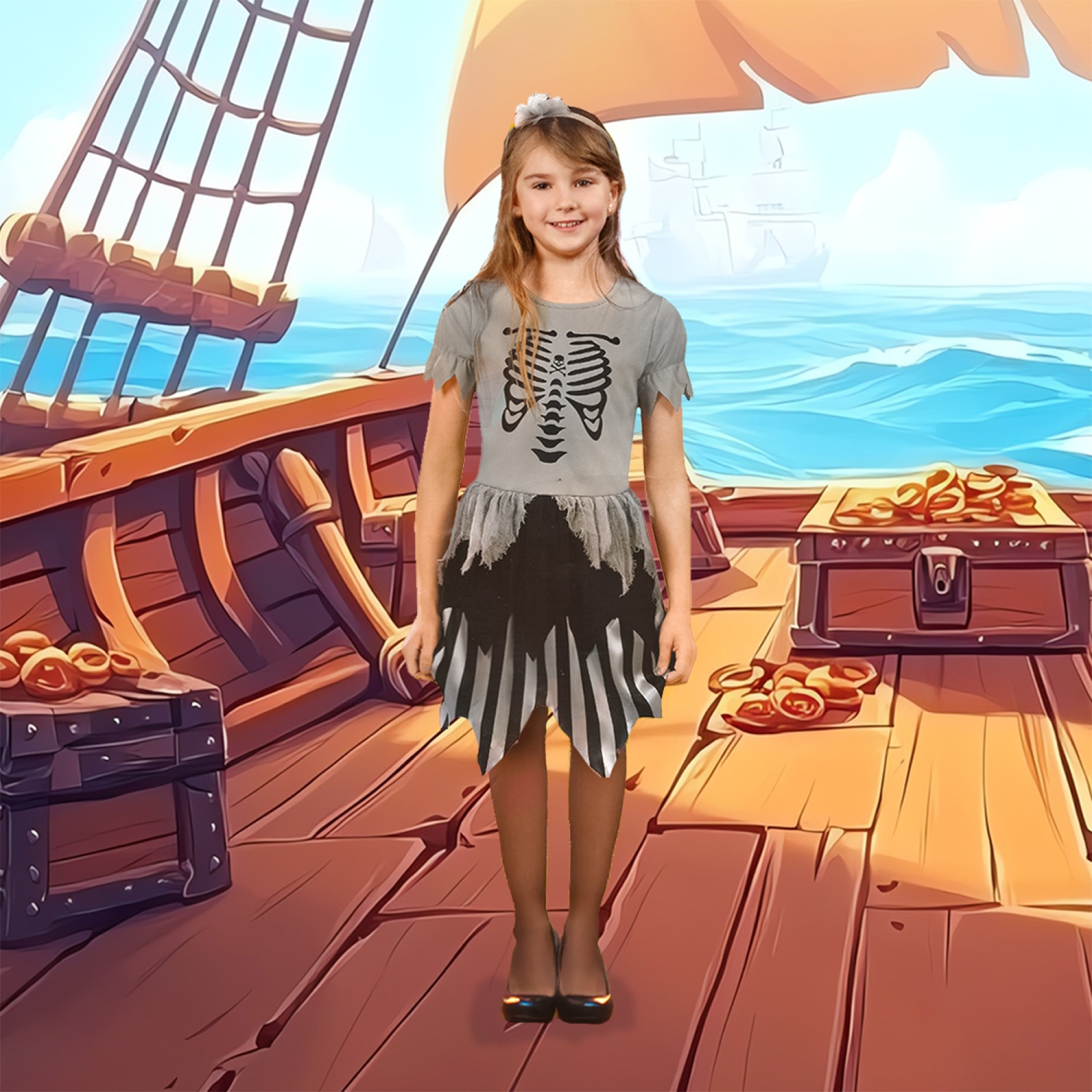 Gray Pirate Skeleton Girl's Children's Halloween Costume - Medium