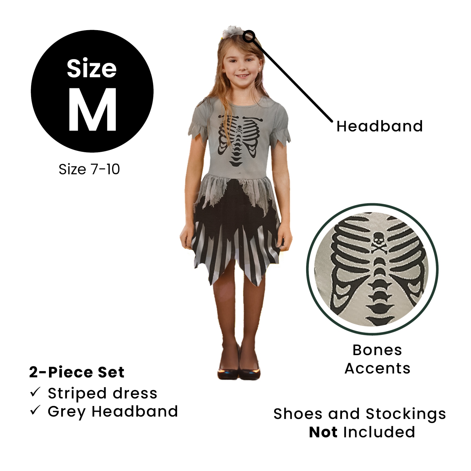 Gray Pirate Skeleton Girl's Children's Halloween Costume - Medium